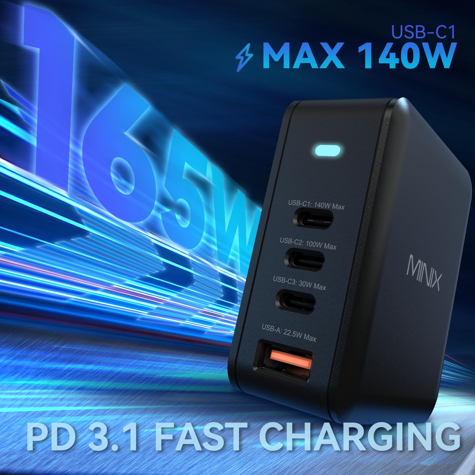 MINIX 165W USB C GaN II Fast Charger PD3.1 (140W Max) - 4-Port Wall Charging Station for MacBook Pro, iPad Air, iPhone 15/14/13 Pro Max, Galaxy S24 Ultra | Perfect for Home, Office & Travel Charging Needs
