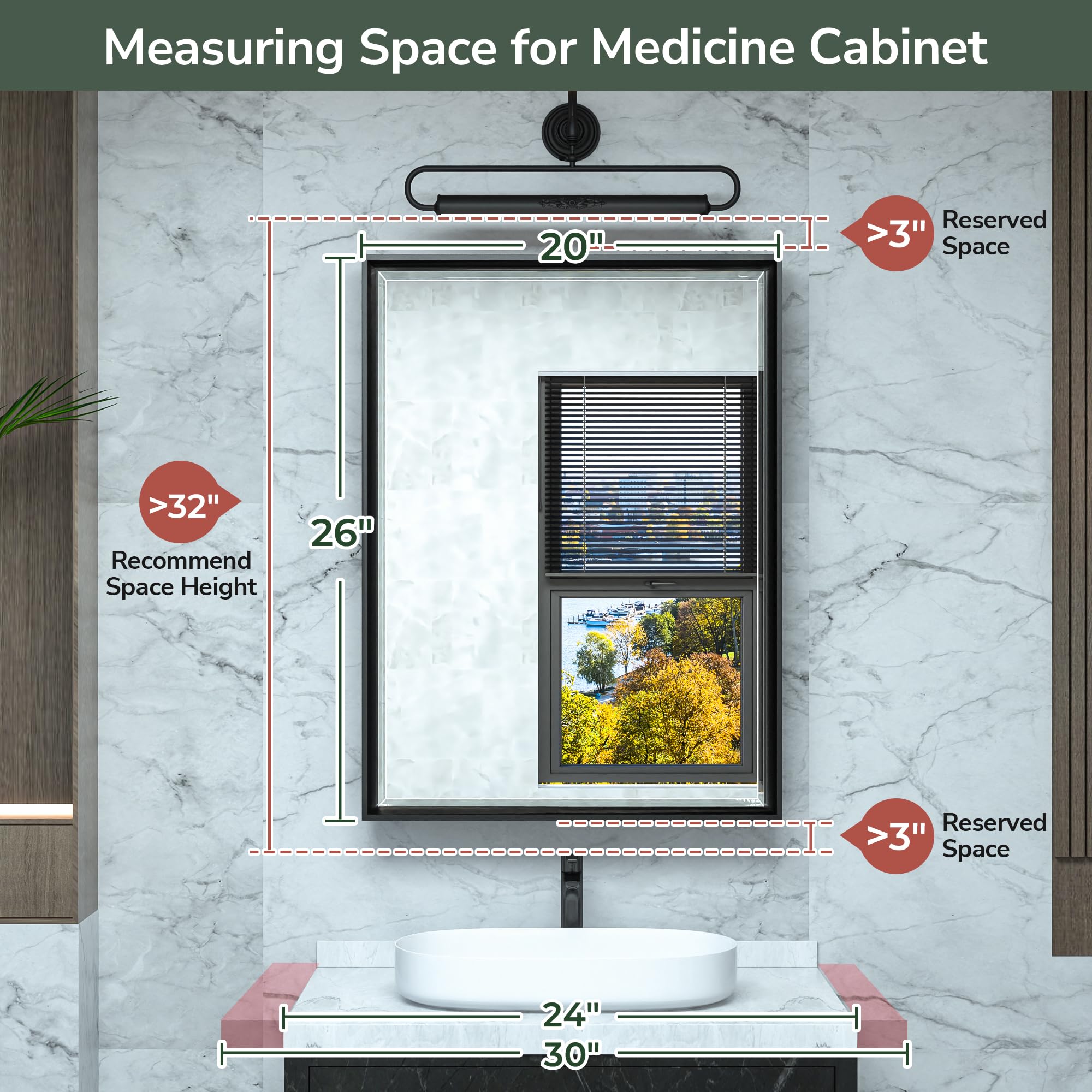 TokeShimi 20x26 Inch Recessed Medicine Cabinet with Mirror - Wall Mounted Bathroom Storage, Aluminum Gold Framed Vanity Cabinet with Beveled Edge Mirror for Bathroom, Bedroom, or Powder Room Organization