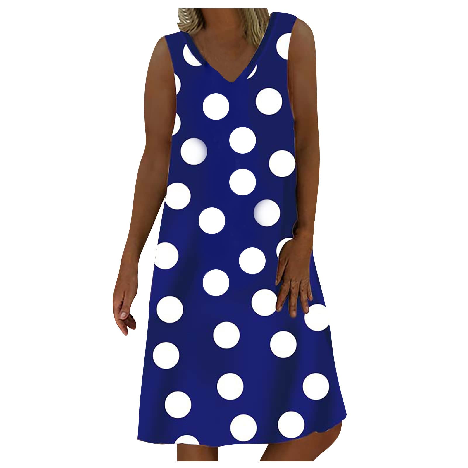 Women's Summer Dresses - Flowy V-Neck Sleeveless Tank Dress Knee Length Loose Beach Dress for Casual Wear, Vacation & Outdoor Activities