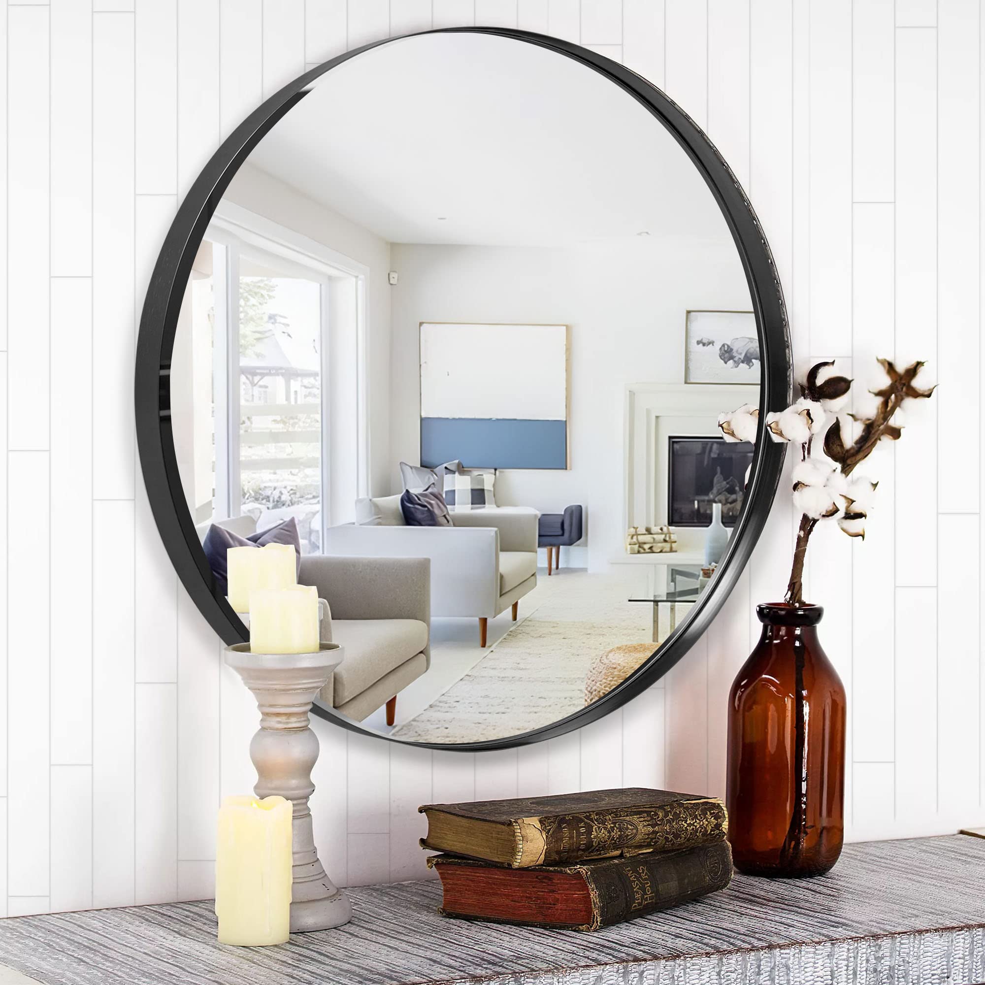 NeuType 32 Inch Round Wall Mirror - Black Aluminum Alloy Frame Bathroom Vanity Mirror for Living Room, Bedroom & Home Decor (32