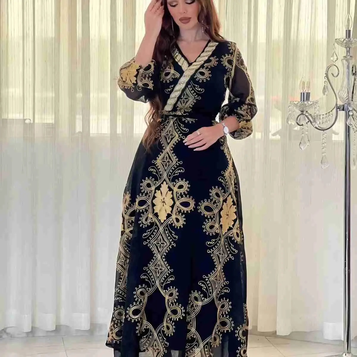 Elegant Eid Dress with Embroidery & Sequins - Flowy Caftan Kaftan Maxi Dress for Women | Perfect for Eid Celebrations, Weddings & Special Occasions