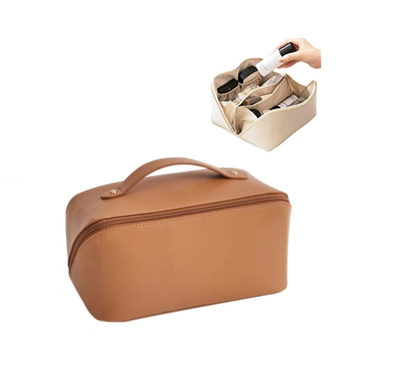 YINGZI Large Capacity Waterproof Leather Travel Cosmetic Bag for Women - Multifunctional Toiletry Organizer with Skincare Dispenser (Brown) | Perfect for Vacation, Gym & Daily Makeup Storage
