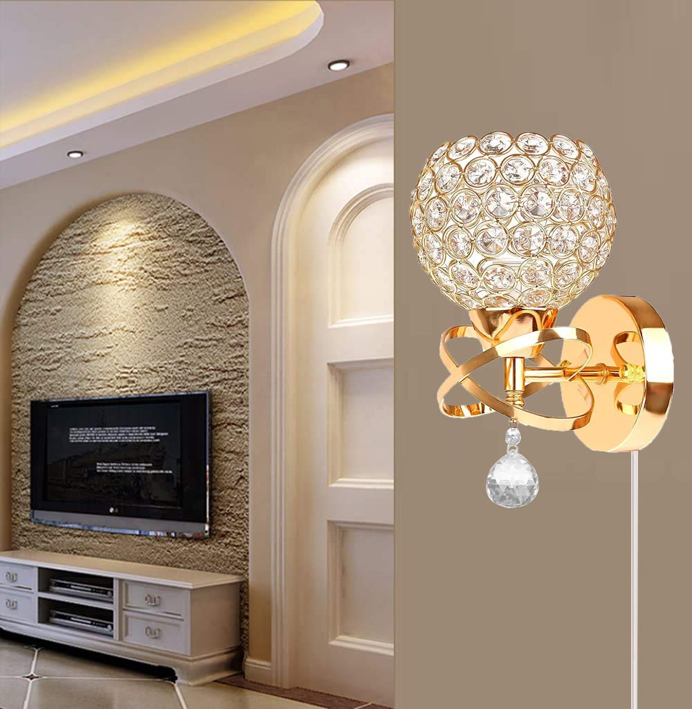 Onerbuy Modern Crystal Wall Sconce Lamp with E27 Socket - Gold Plug-in Wall Mount Lighting Fixture for Bedroom, Porch, Hallway & Entryway | Elegant Mirror Decoration for Home & Hotel