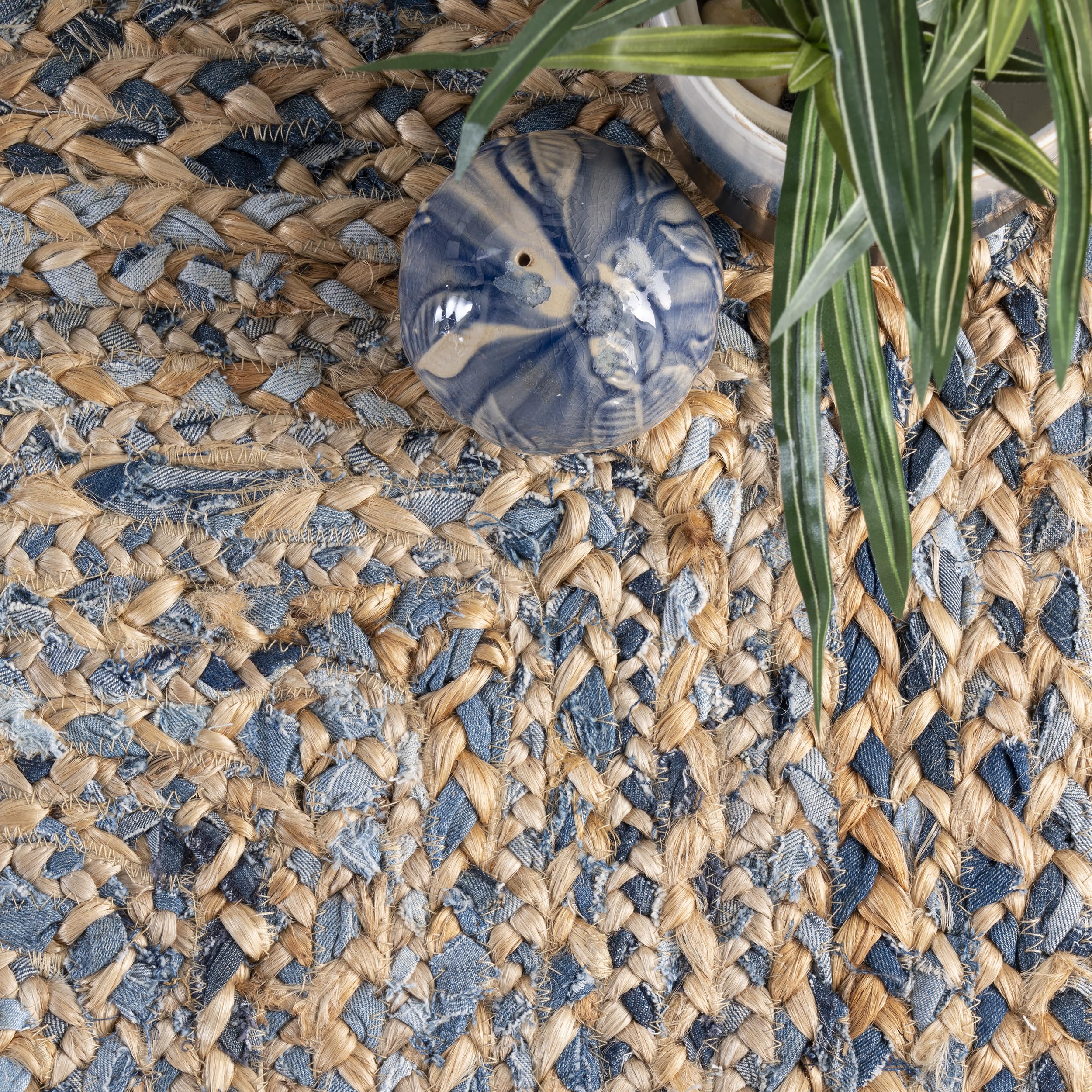 nuLOOM Eliz Striped 6'x6' Square Jute Area Rug - Blue & Natural Neutral Woven Rug for Dining Room, Living Room & Kitchen - Perfect for Farmhouse, Coastal & Boho Decor Styles