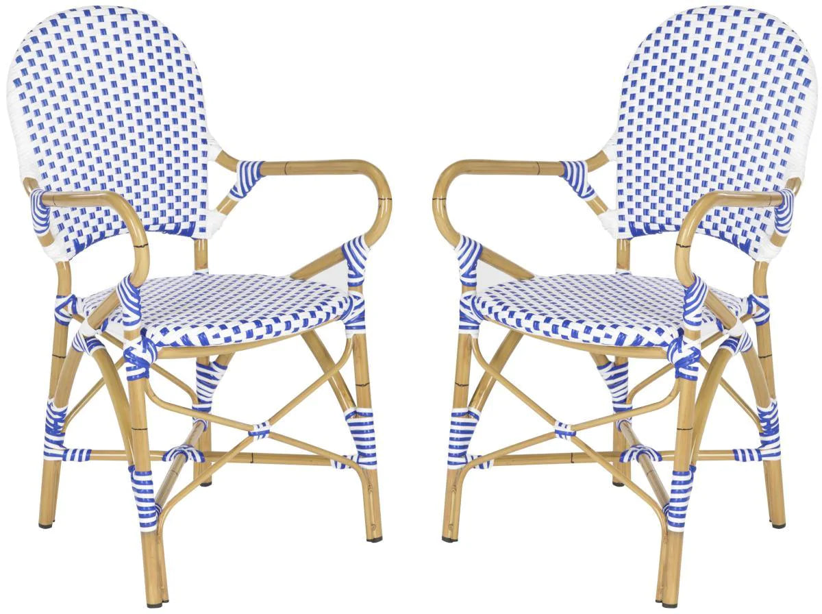 Blue and White Stacking Bistro Armchair - Outdoor Patio Dining Chairs, Lightweight & Durable for Restaurant, Cafe, Garden, Poolside and Backyard Use