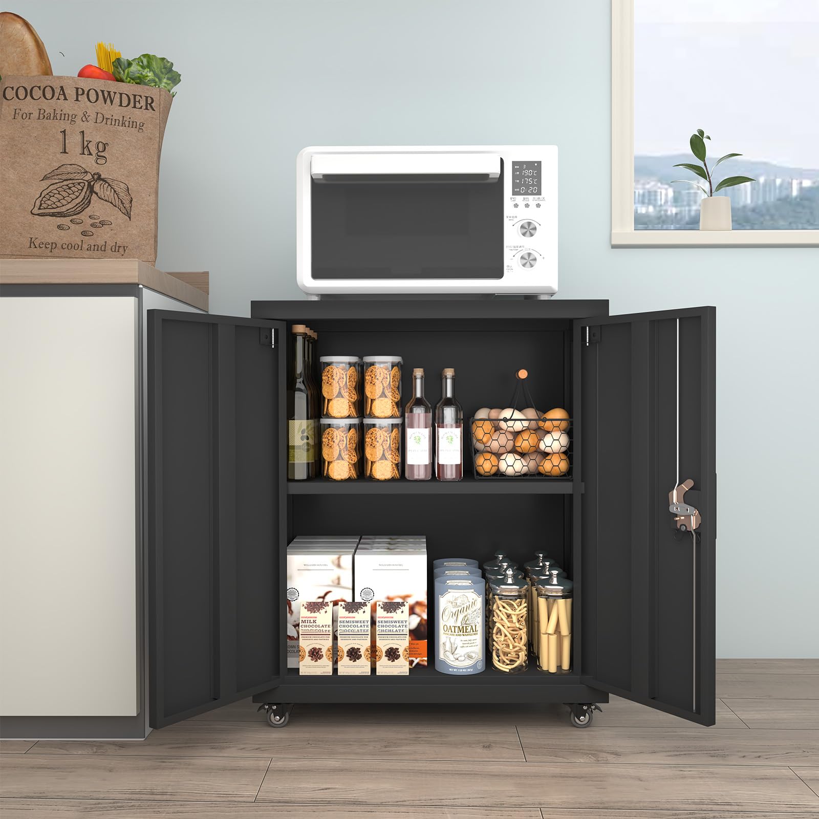 GREATMEET 4-Tier Rolling Garage Storage Cabinet with Wheels - Black Metal Utility Cabinet with Locking Doors & Adjustable Shelves - Heavy Duty Organizer for Garage, Home Office, Workshop & Laundry Room Storage Solutions