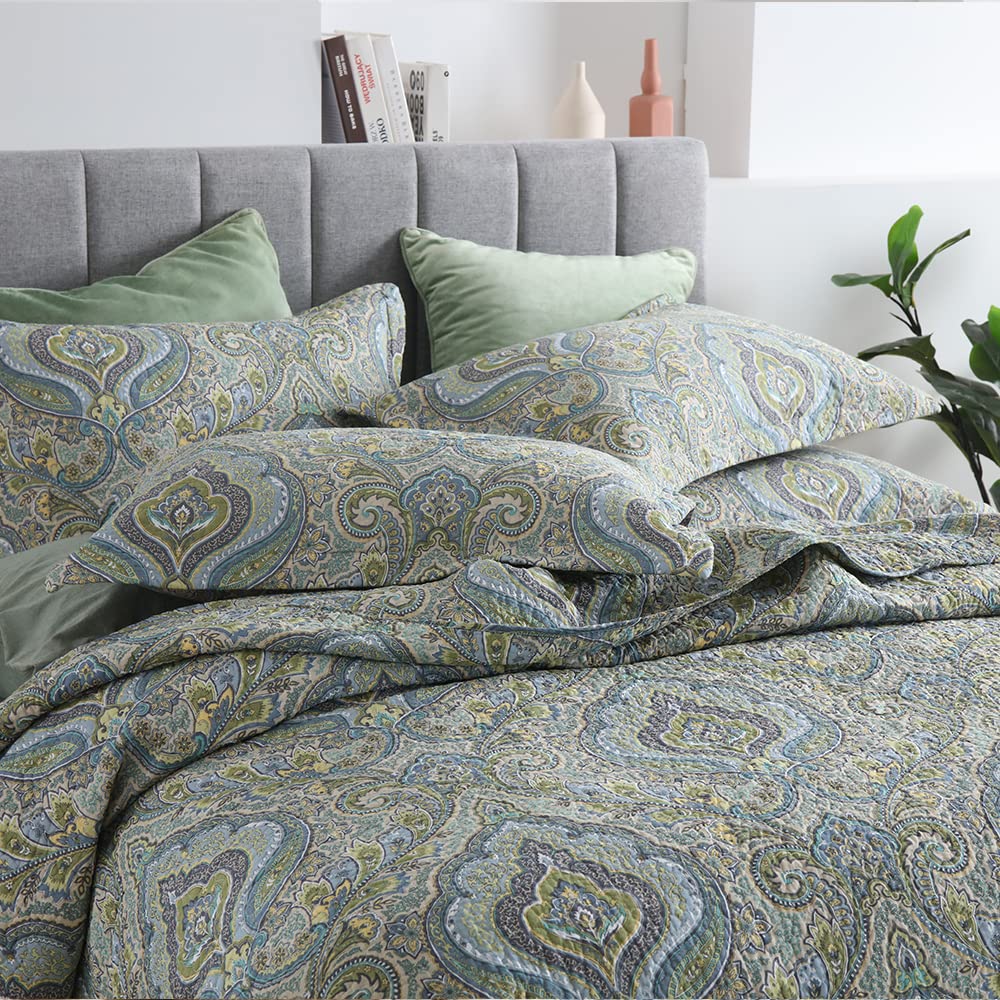 Autumn Dream Cotton Bedspread Quilt Set - 3 Piece Reversible Comforter Coverlet Set with Classic Damask Paisley Design, Queen Size - Perfect for Fall Bedroom Decor & Cozy Seasonal Home Styling