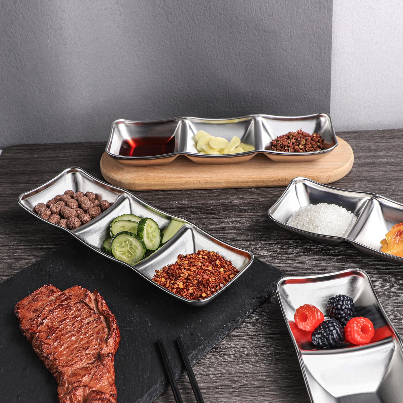 6-Piece Stainless Steel Divided Sauce Bowls - 3 Compartment Dipping Dishes for Soy Sauce, Ketchup, Seasoning - Perfect for Sushi, Dumplings, Hot Pot & Asian Cuisine