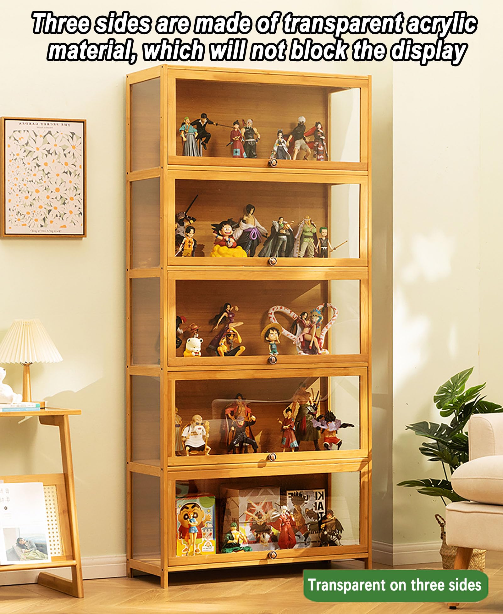 ZMHPLKH Natural Bamboo Display Cabinet with Glass Doors - Flip-Top Design, Dust-Proof & Easy Assembly - Perfect for Showcasing Collectibles, China, or Home Decor