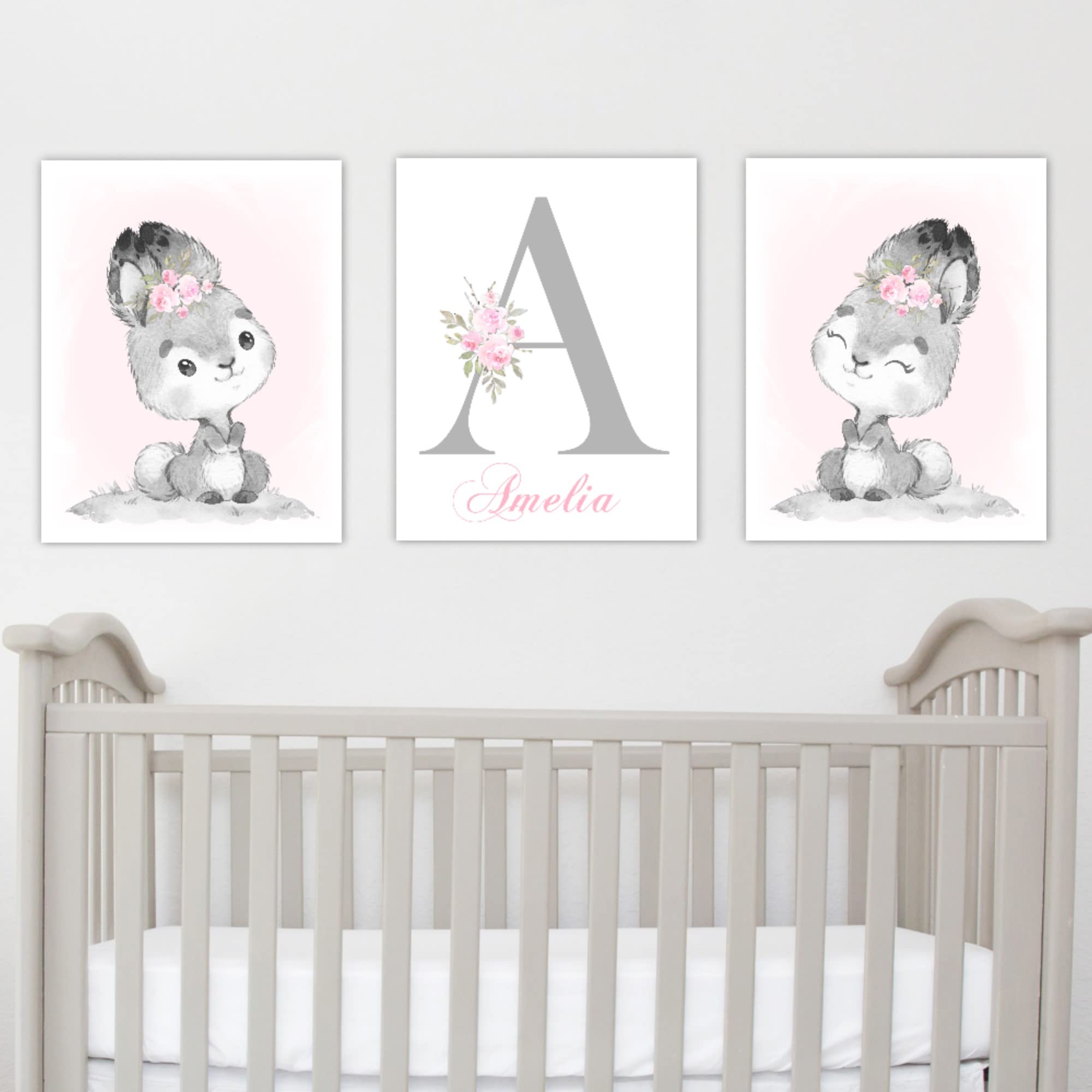 Personalized Pink Bunny Floral Nursery Wall Art - Baby Room Decor for Girls