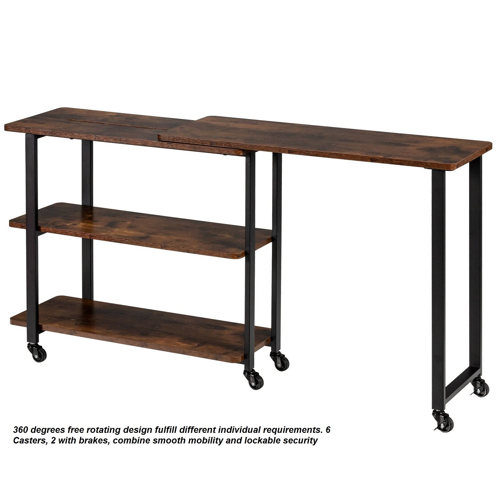 360° Rotating Rustic Brown L-Shaped Side Table with 2-Tier Storage Shelf - End Table, Bookcase & Laptop Workstation for Living Room, Office & Study - Sturdy Metal Frame Design