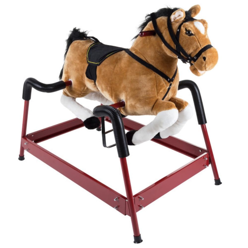 Happy Trails Spring Rocking Horse Plush Ride-On Toy with Adjustable Foot Stirrups & Fun Sounds - Soft Brown Rocker for Toddlers Ages 1-5 Years | Indoor Playroom, Nursery Decor, Birthday Gift for Boys & Girls