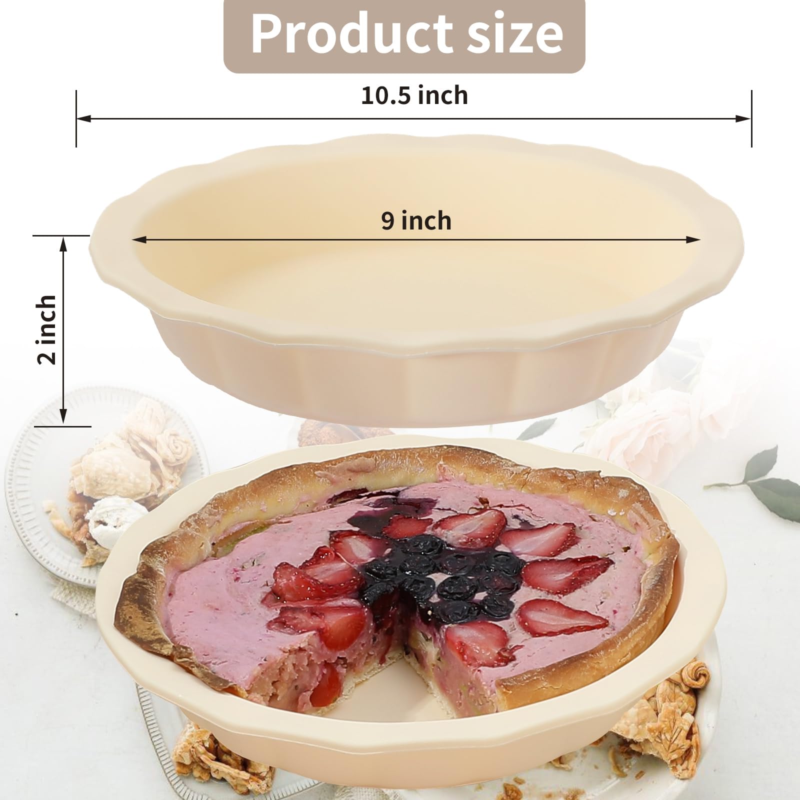 Non-Stick Silicone Pie Pans for Baking - 9 Inch Reusable Pie Dish with Corrugated Edge, Dishwasher & Microwave Safe (Beige) - Perfect for Thanksgiving, Christmas Desserts & Homemade Pies