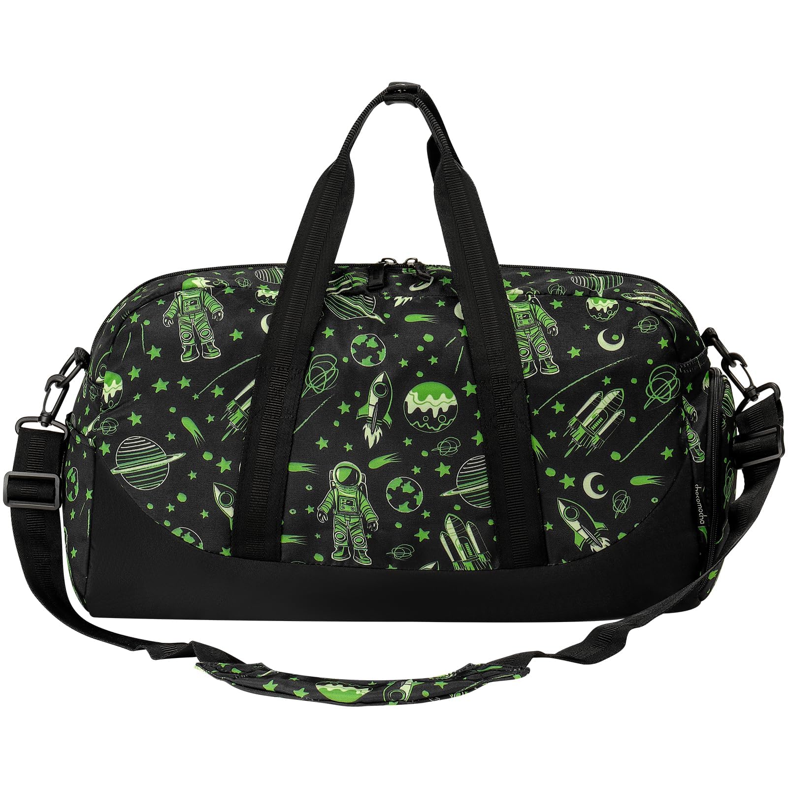 Choco Mocha Kids Astronaut Duffle Bag - Boys Travel & Overnight Backpack - Toddler Weekender Bag - Black Space Themed Carryall - Perfect for School, Sleepovers & Weekend Trips