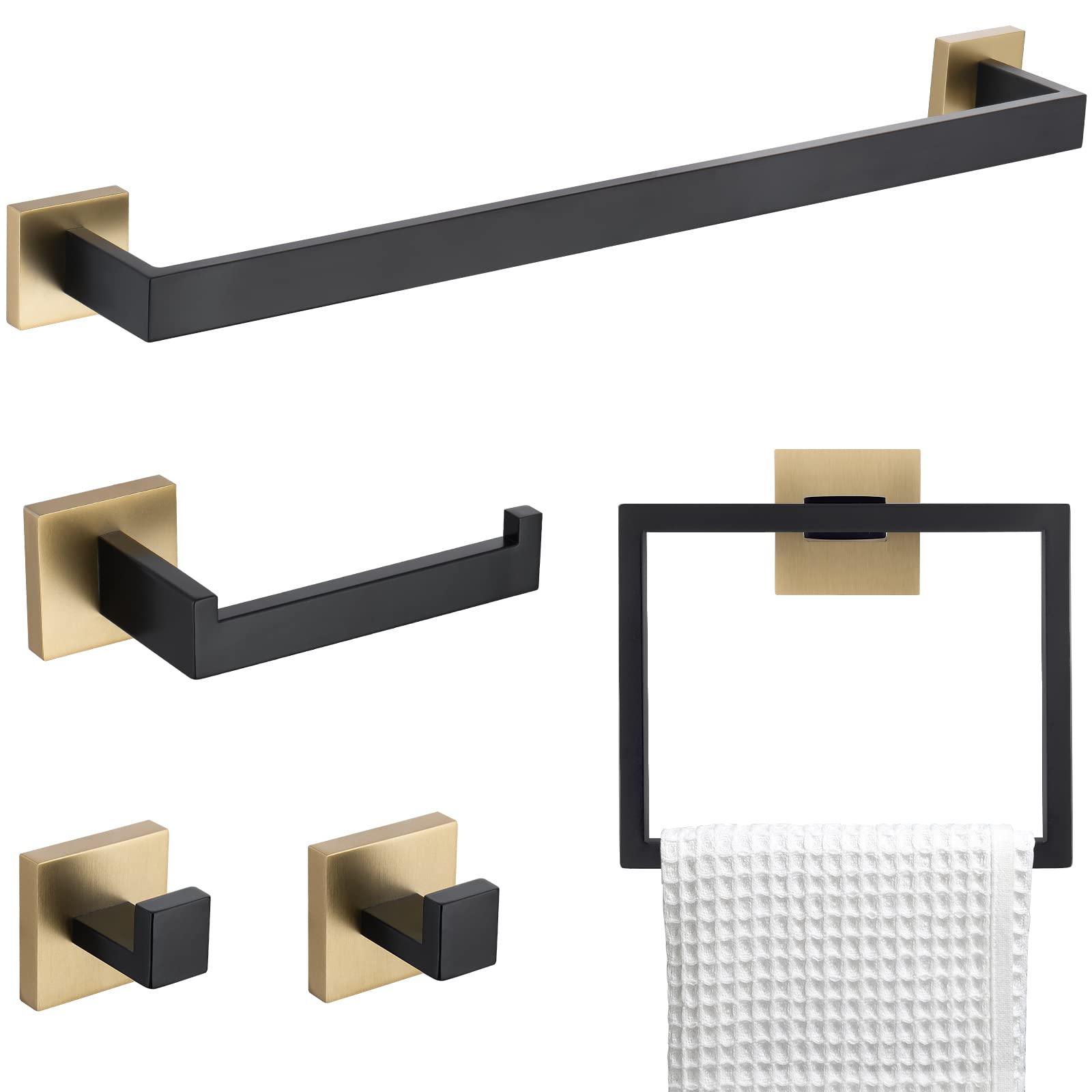TNOMS 5-Piece Bathroom Hardware Set - Black & Gold Towel Bar, Stainless Steel Wall Mounted (23.6 Inch) - Modern Bathroom Accessories for Home & Hotel Decor