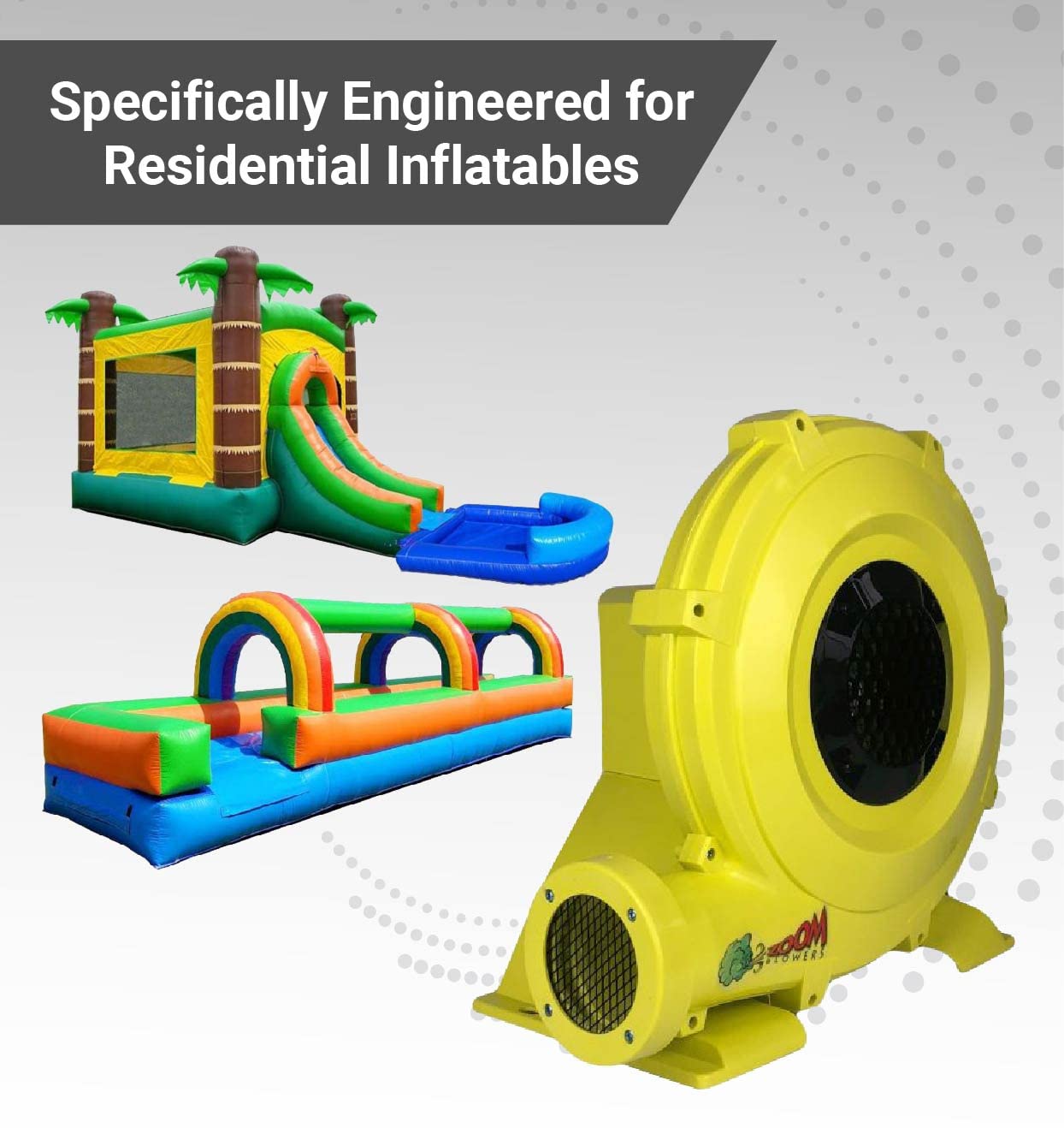 Zoom Blowers Portable Air Pump for Inflatables - High Power Compact Electric Air Blower for Bounce Houses, Water Slides & Obstacle Courses | Energy Efficient Outdoor Party & Kids Event Inflatable Pump