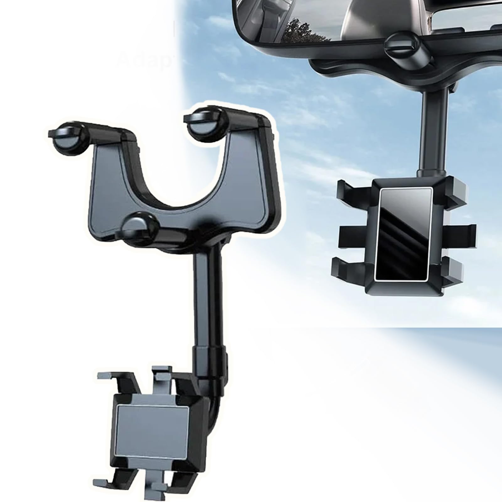 360° Rotatable Car Phone Holder for Rearview Mirror - Universal Multifunctional Phone Mount for All Smartphones - Perfect for GPS Navigation, Hands-Free Calls & Safe Driving (Black)