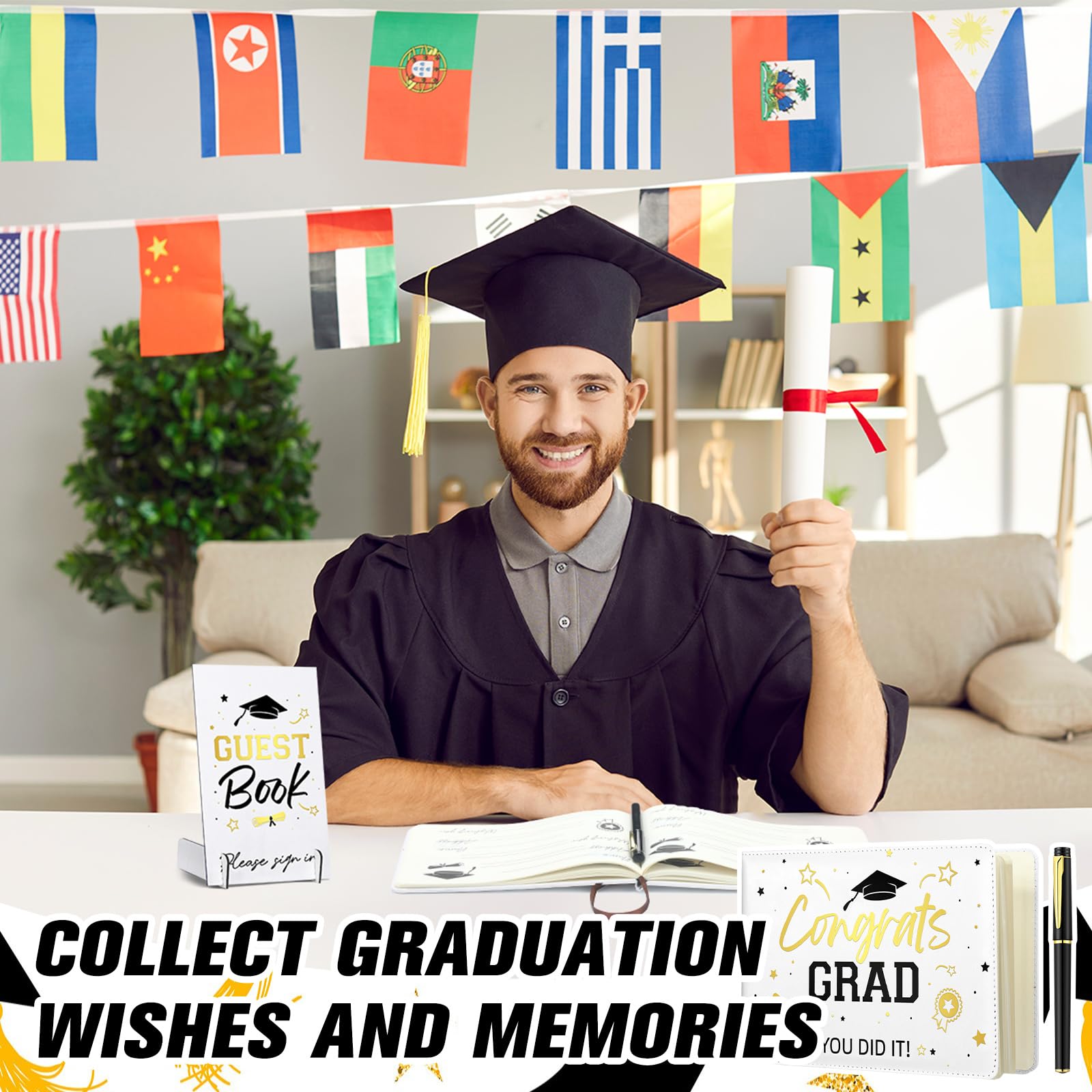 Premium Leather Graduation Guest Book Set with Pen & Table Sign - Elegant 2025 Graduation Guestbook for College & High School Graduation Parties - Perfect Graduation Gift & Keepsake (White) - Ideal for Commencement Ceremonies, Open House Events & Graduation Party Decor