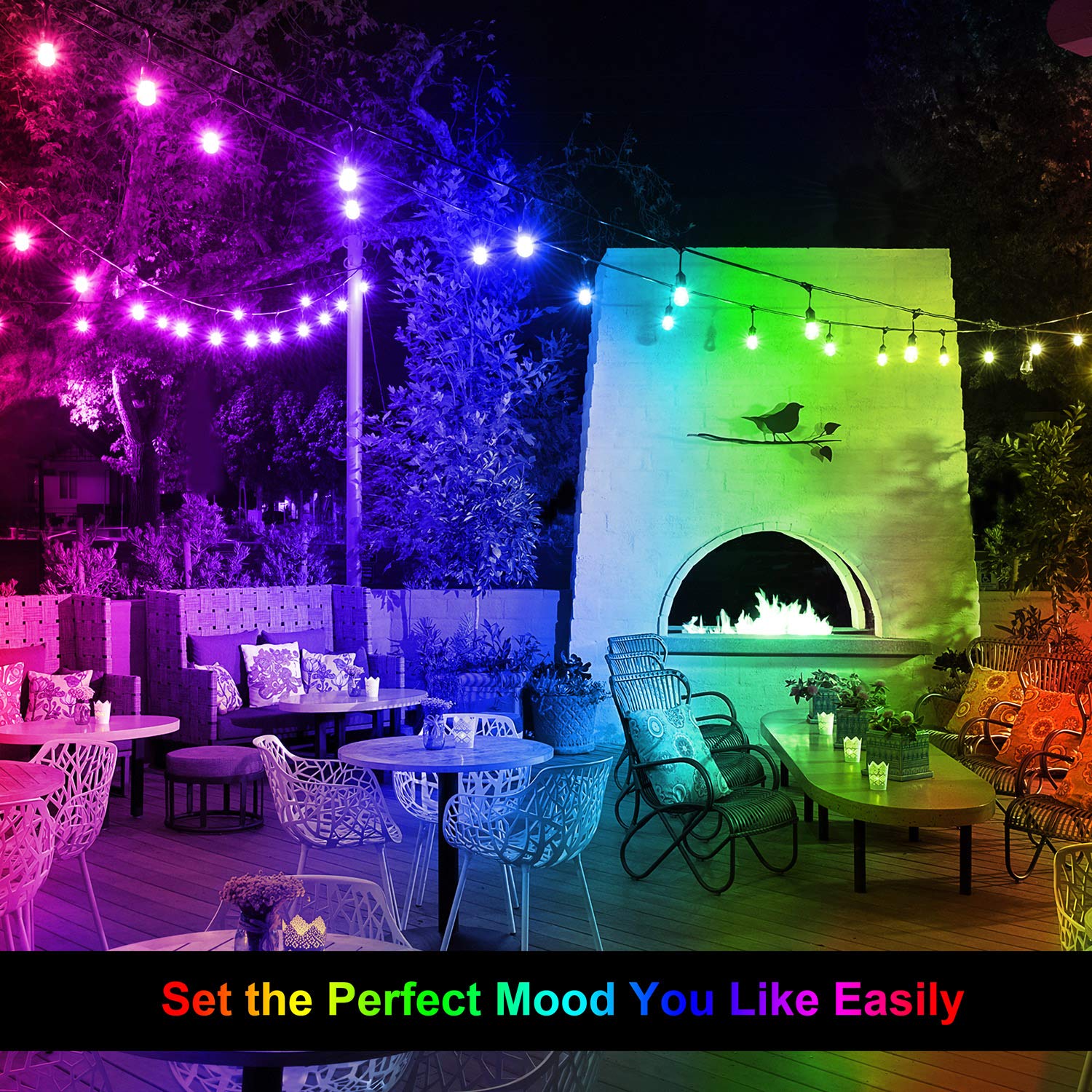 48FT Outdoor LED String Lights - Waterproof Dimmable RGB Patio Lights with Remote Control & 15 Shatterproof Bulbs - Perfect for Bistro, Cafe, Garden Party, Backyard Wedding, and Outdoor Decor (Black, 1 Pack)