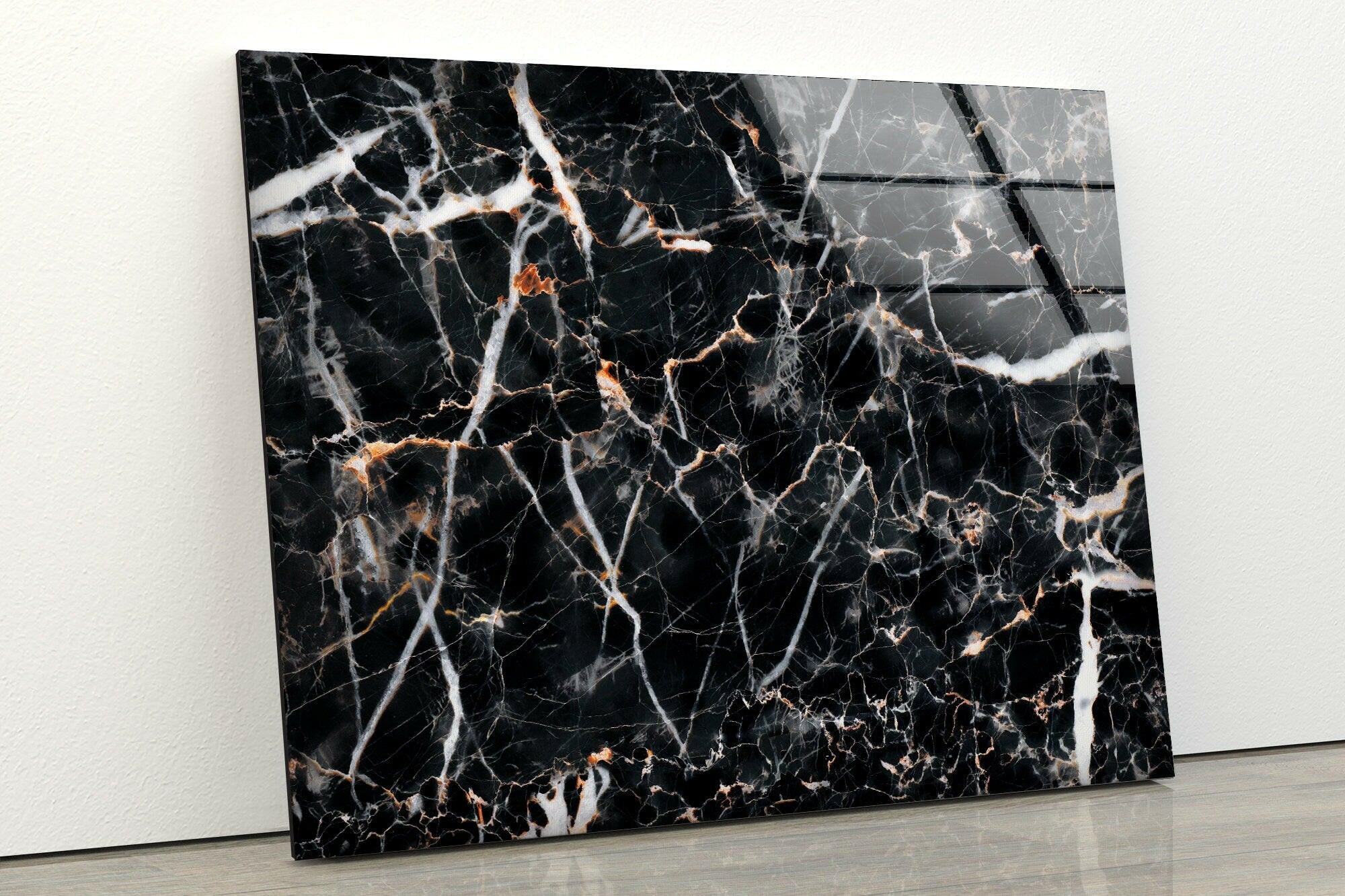 Black Abstract Marble Decor Glass Wall Art - Modern Home & Office Wall Decor for Living Room, Bedroom, Kitchen | Unique Handmade Glass Artwork for Interior Design