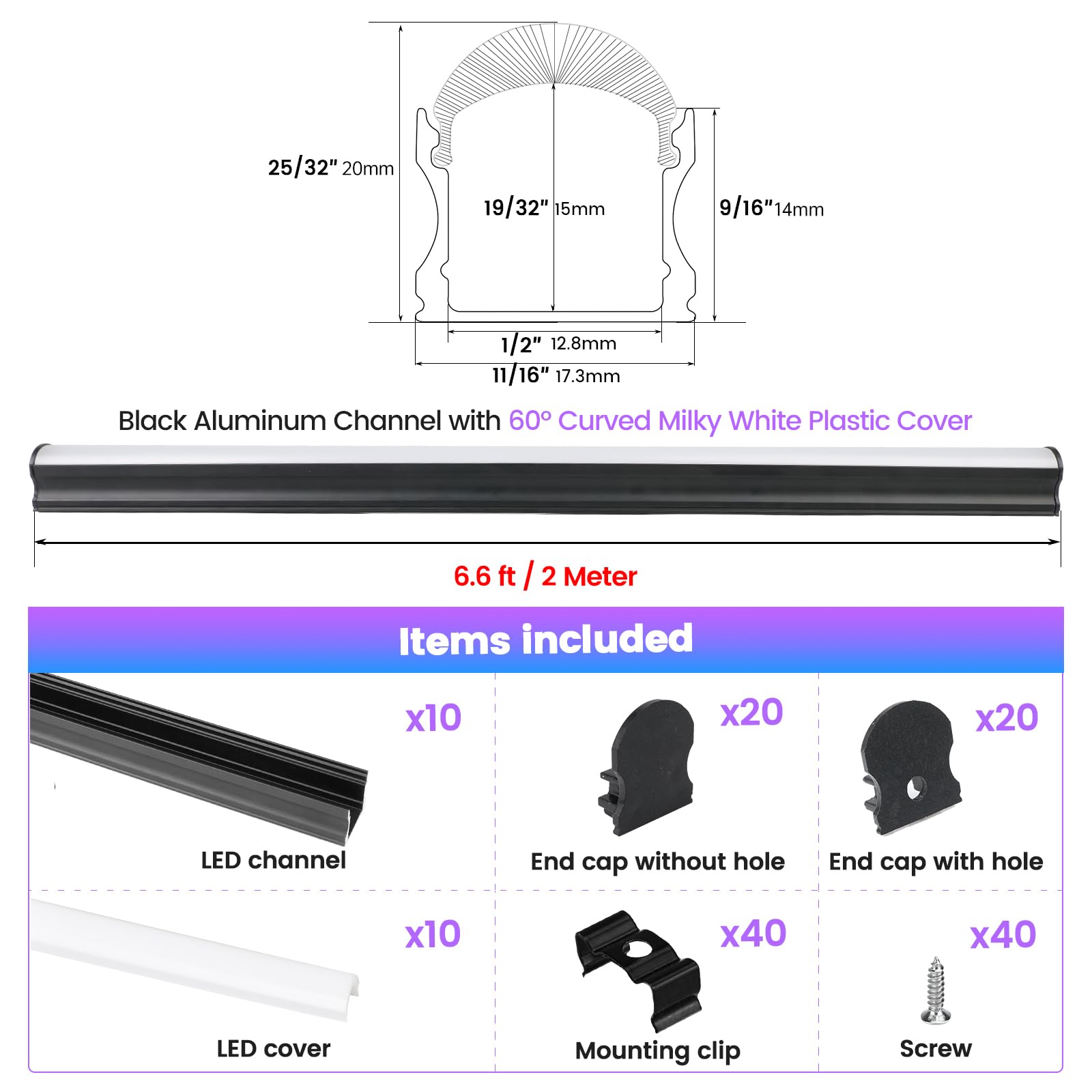 Muzata 10-Pack 6.6FT/2M LED Channel System - Black Aluminum U-Shape Diffuser with Milky White Cover for Spotless LED Strip Lighting (U108 BW 2M) - Perfect for Home, Office, and Commercial Lighting Projects