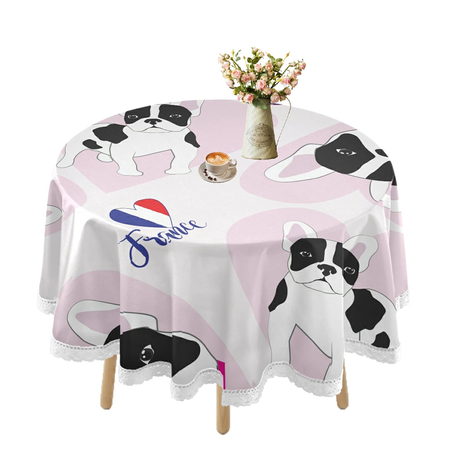 French Bulldog Print Waterproof Round Tablecloth - 60 Inch Lace Trim Outdoor Dining Cover for Picnic, Coffee, Holiday Parties & Kitchen Decor - Cute Pet-Themed Table Cover for Indoor & Outdoor Use