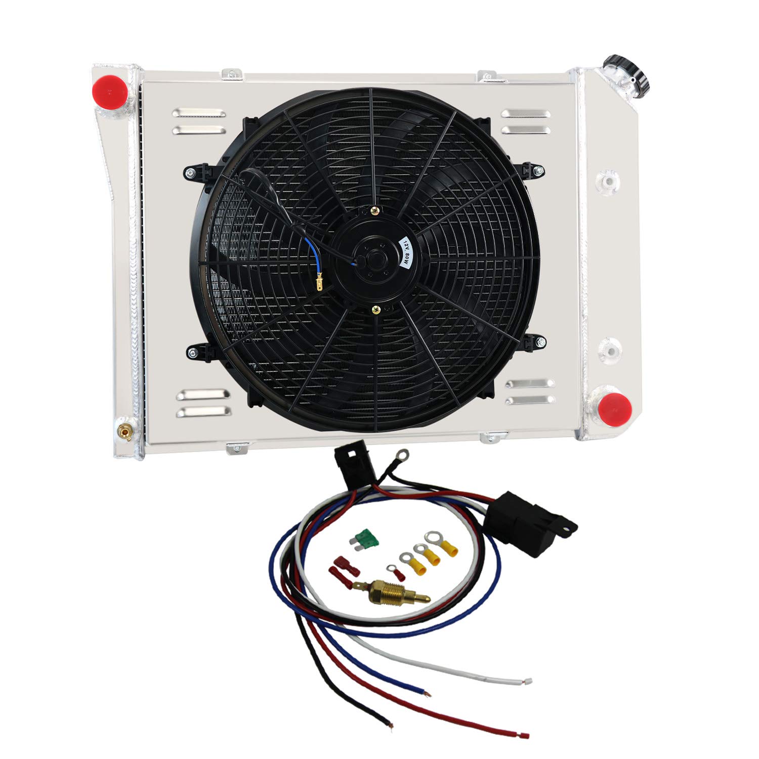 High-Performance 3-Row Aluminum Radiator for 1968-1974 Chevy Nova & 1975-1987 El Camino - Also Fits 1964-1987 Chevy Buick Oldsmobile Pontiac Models (Chevelle, Camaro, Malibu, Impala, LeSabre) - Complete Cooling Kit with Fan Shroud & Relay - Perfect for Classic Car Restoration & Hot Rod Upgrades