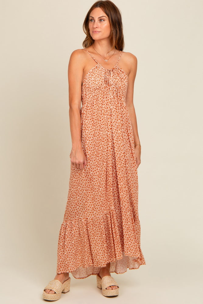 Beige Floral Tie Front Maxi Dress for Women - Summer Boho Chic Long Dress with Side Slit - Perfect for Beach Vacations, Weddings & Date Nights