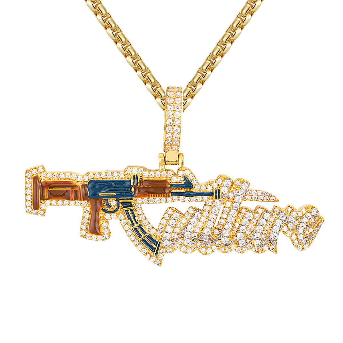 Men's Sterling Silver 3D Gun Pendant Necklace - Icy Hip Hop Style with Gold Tone Finish - Perfect for Streetwear, Rap Fashion & Urban Jewelry Collection