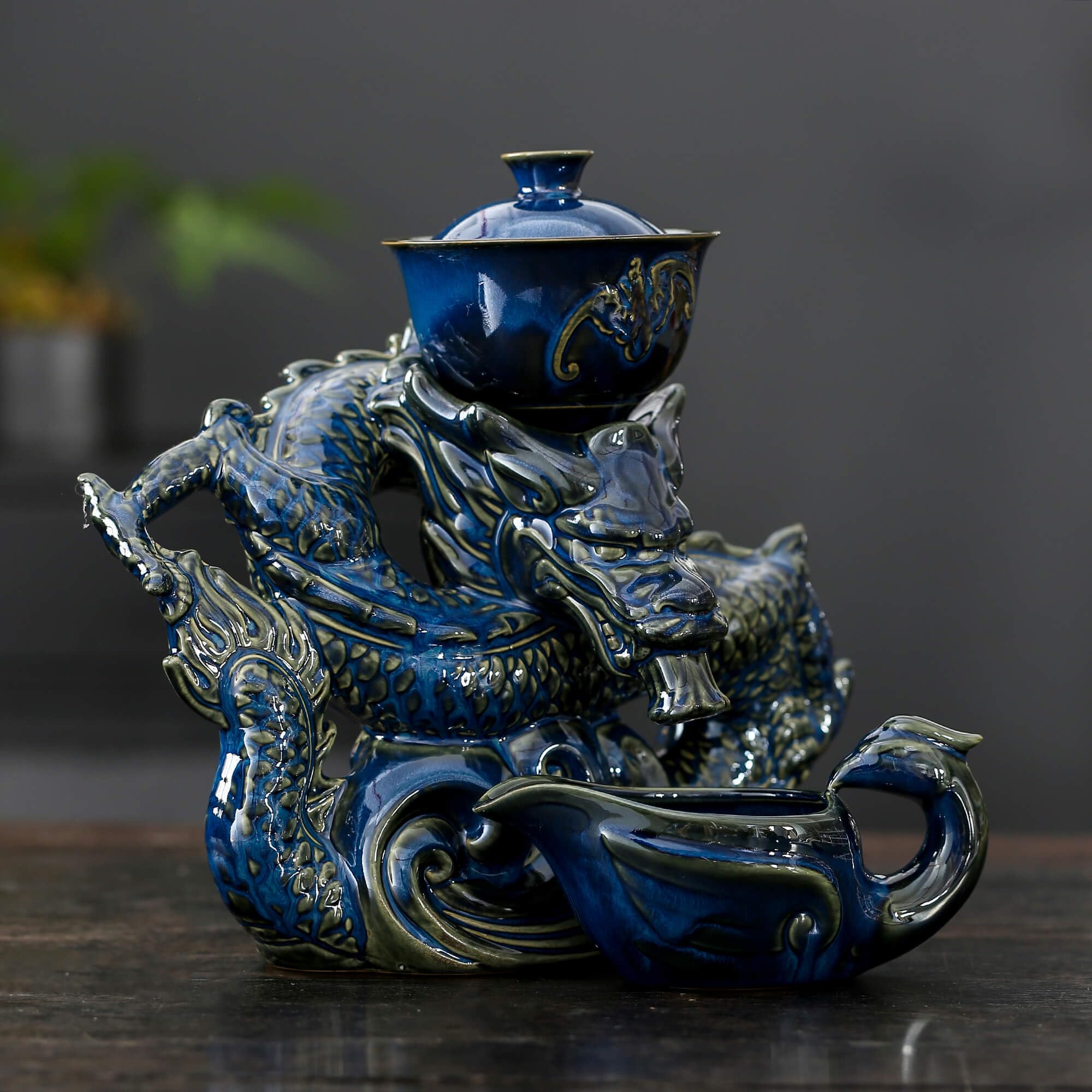 Premium Semi-Automatic Dragon Teapot Set with Infuser & 8 Small Cups - Blue Chinese Ceramic Tea Brewing Kit for Home, Office & Gifting | Traditional Gongfu Tea Ceremony Accessories