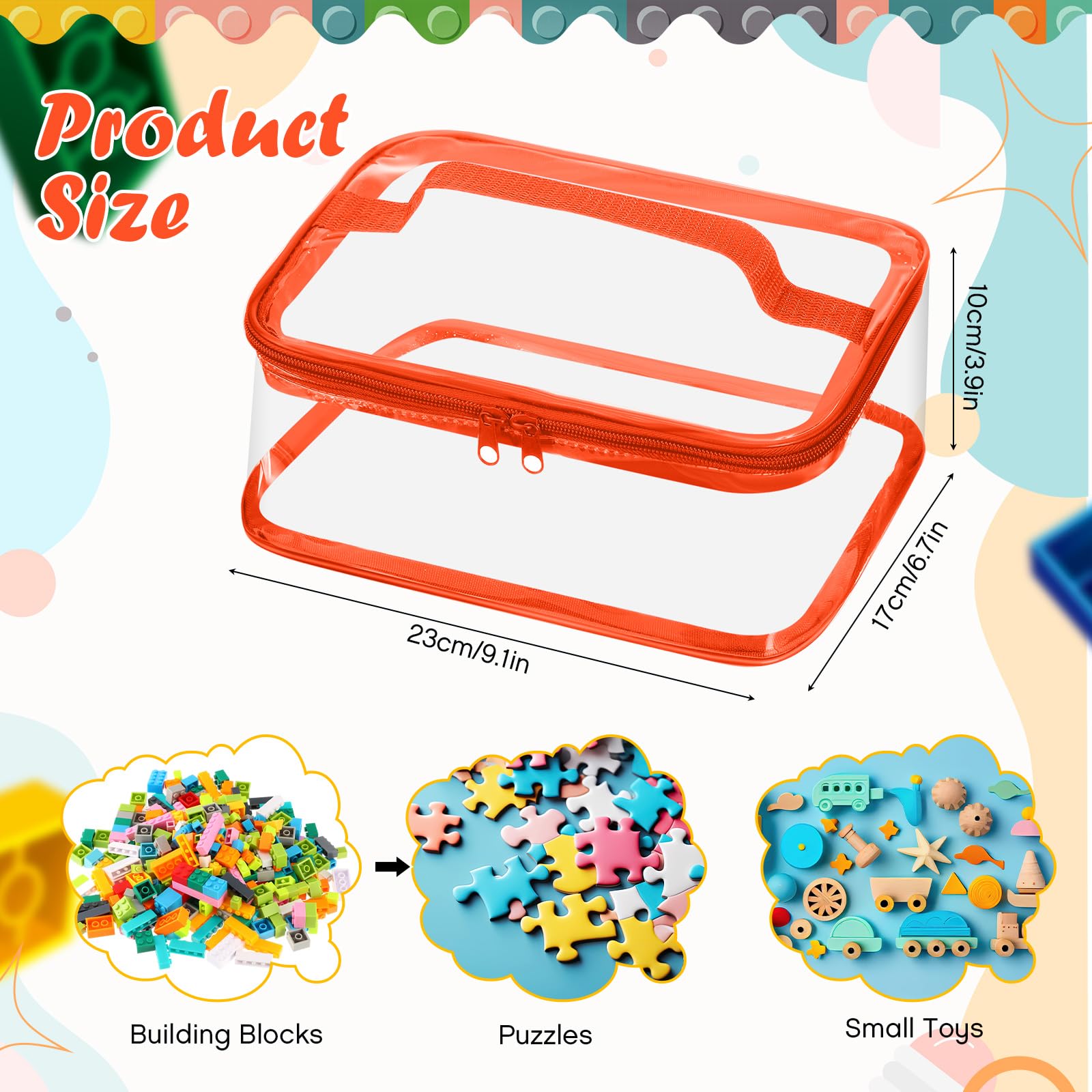 Nitial 6-Pack Clear PVC Zippered Toy Storage Bags - Waterproof Organizer for Building Blocks, Board Games & Small Toys (Bright Colors) - Perfect for Kids' Room, Playroom & Travel Organization