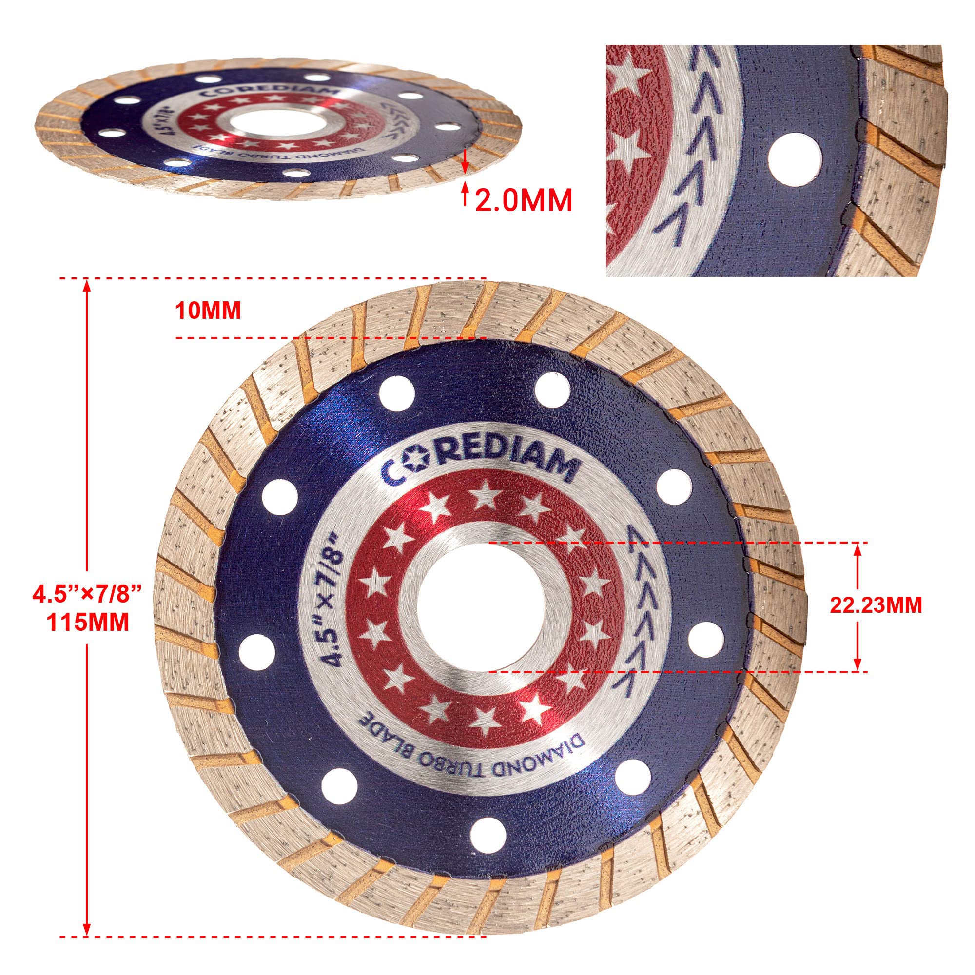 4.5 Inch Diamond Turbo Saw Blade for Angle Grinder - Wet/Dry Cut Concrete, Masonry, Brick, Granite & Marble - 7/8