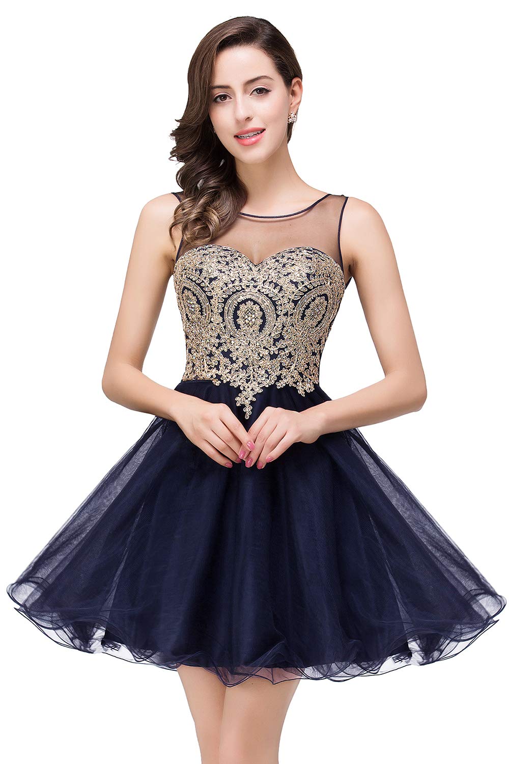 Elegant Navy Blue Quinceanera Prom Dress with Tulle Appliques & Illusion Crystals | Knee-Length Ball Gown for Teen Dances, Sweet 16 Parties & Formal Events | US Size 4