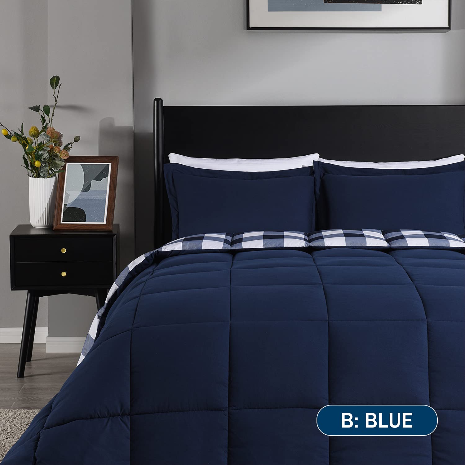 Downluxe Lightweight Plaid Comforter Set Queen Size - 3-Piece Reversible Down Alternative Bedding with 2 Pillow Shams - Blue & White Checkered Design - Perfect for Cozy Bedrooms, Guest Rooms & Dorm Decor