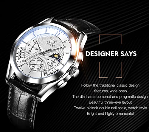 OLEVS Men's Chronograph Analog Quartz Watch - Waterproof, Luminous, Fashion Casual Dress Watch with Leather Strap - Black/Brown/White/Blue Dial Options (White Dial + Silver Case) - Perfect for Office, Business, Dating & Everyday Wear