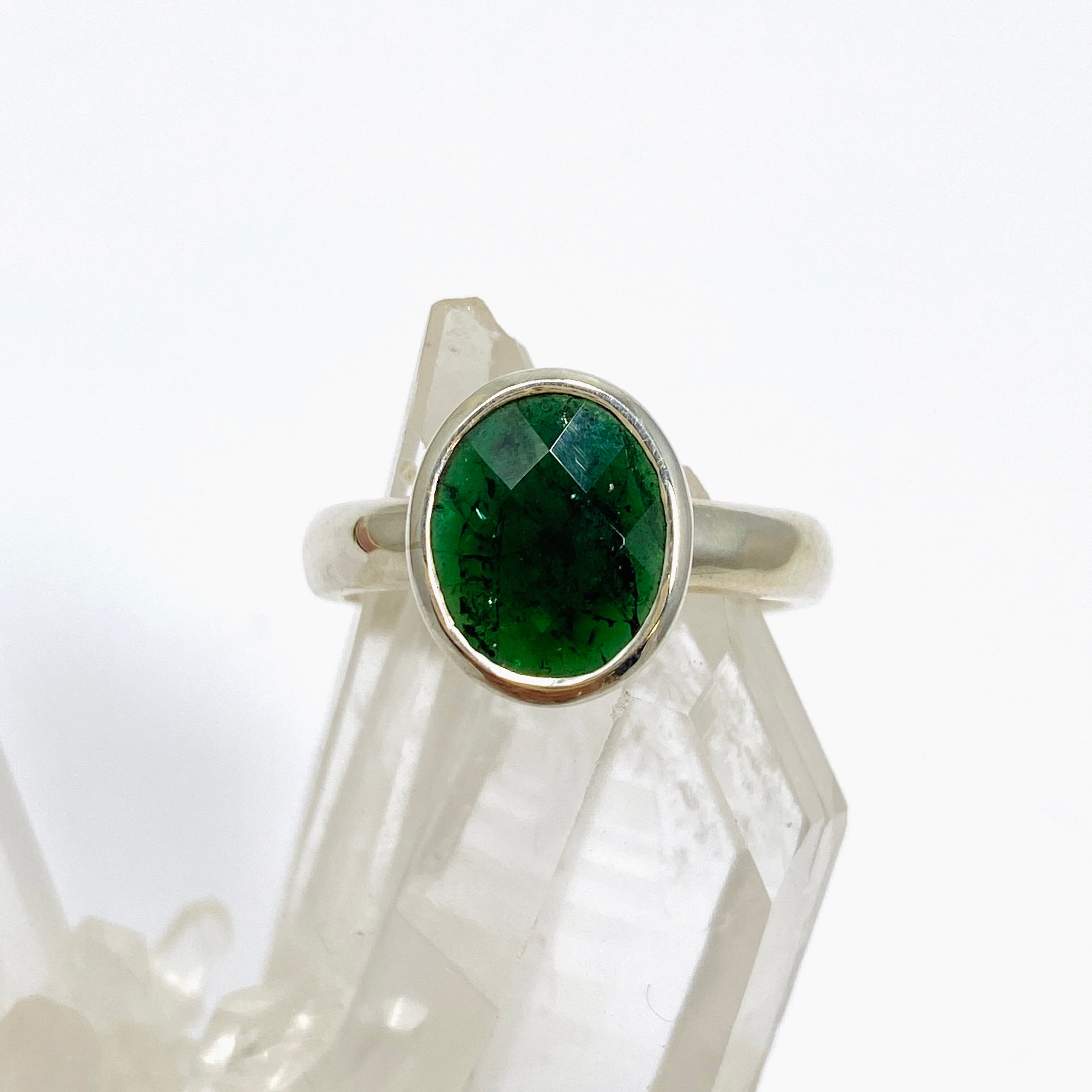 Chrome Tourmaline Oval Checkerboard Faceted Ring Size 7.5 - Elegant Statement Jewelry for Women, Perfect for Weddings, Parties & Special Occasions
