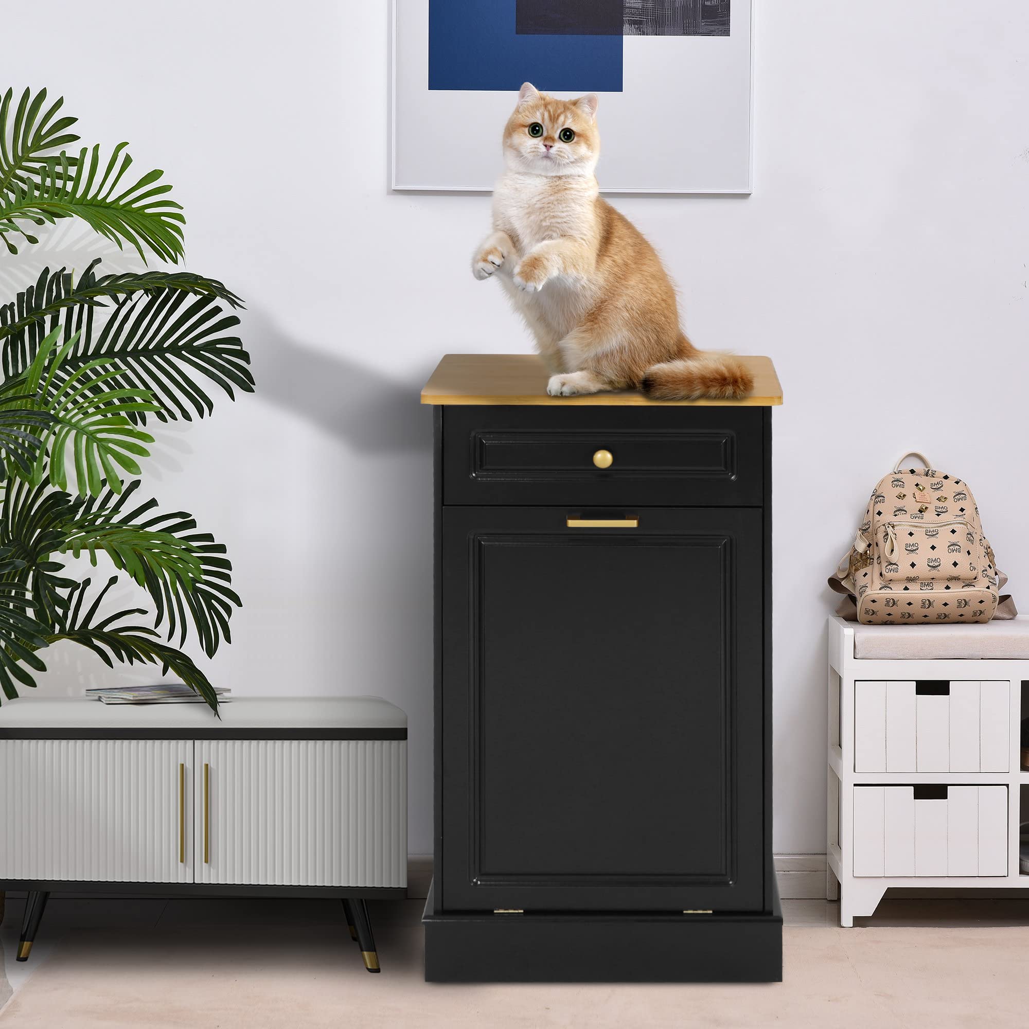 Anbuy Wooden Tilt-Out Trash Cabinet with Hideaway Drawer & Bamboo Cutting Board - Free Standing Kitchen Recycling Bin, Garbage Can Holder - Perfect for Small Spaces, Apartments & Eco-Friendly Homes (Black)