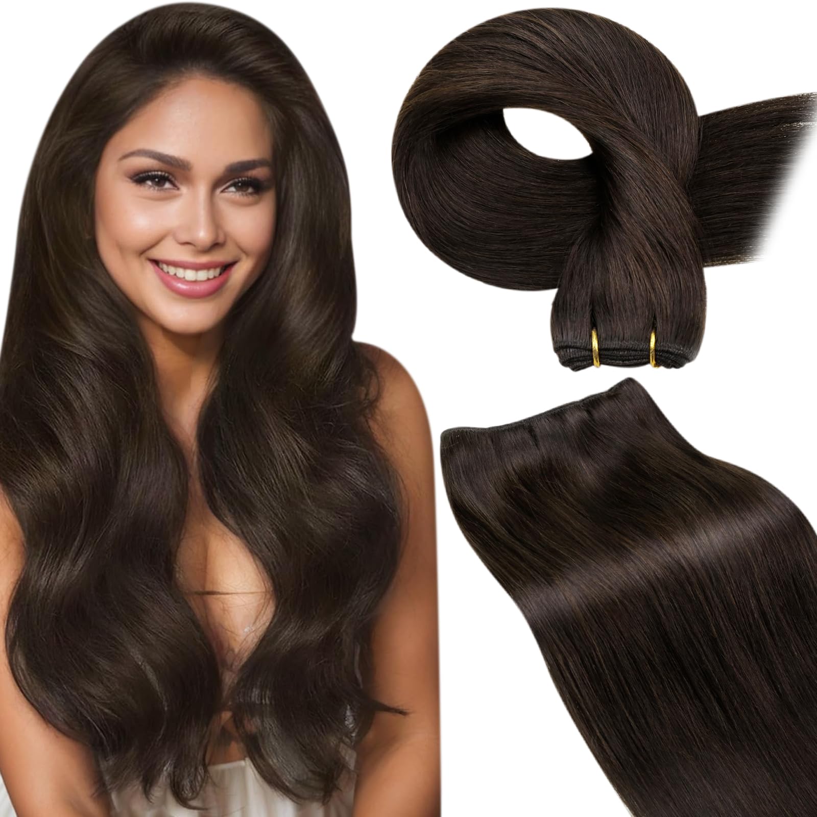 LaaVoo 24 Inch Dark Brown Human Hair Weft Extensions - 120g Long Straight Sew-In Wefts for Natural Volume & Styling | Perfect for Weddings, Parties & Daily Wear
