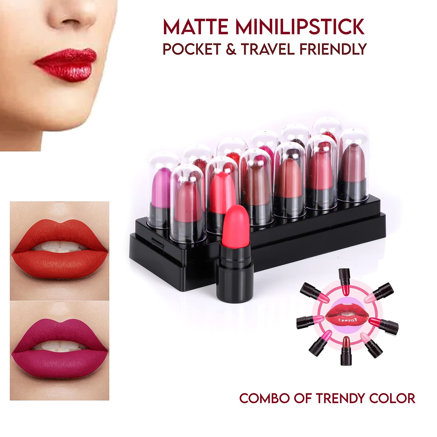 PINNER Perish Look Mini Pocket Lipstick Set - 12 Vibrant Shades (Red, Magenta, Mauve, Purple, Peach, Cherry, Nude, Maroon, Brown, Pink, Disco Orange, Chocolate) 17.5g | Travel-Friendly Makeup for Everyday Wear, Parties & Special Occasions