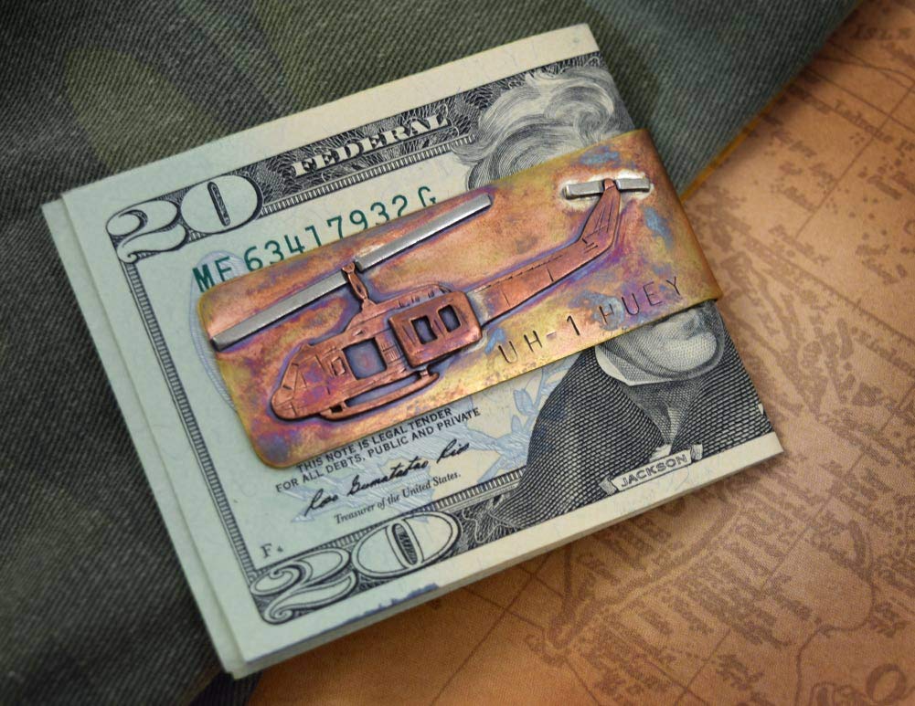 Handmade Bronze Money Clip with UH-1 Huey Military Helicopter Engraving - Perfect for Veterans, Collectors & Military Enthusiasts - Ideal Gift for Father's Day, Birthday & Retirement