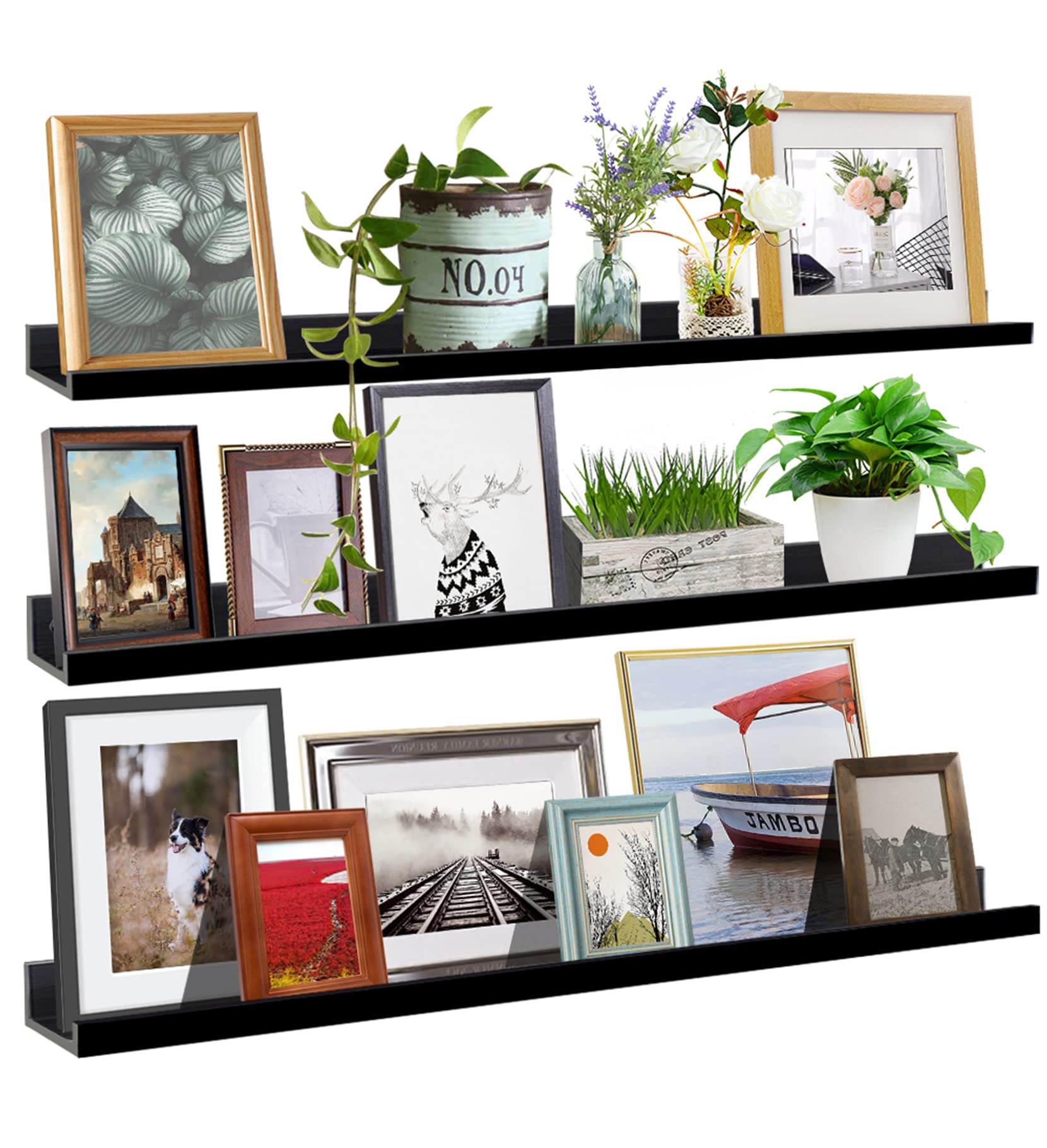 Lavezee 47 Inch Long Floating Picture Ledge Shelves - Set of 3 Black Wall Mount Display Shelves for Photos, Decor & Books | Perfect for Nursery, Office, Bedroom, Living Room & Kitchen Organization & Decoration