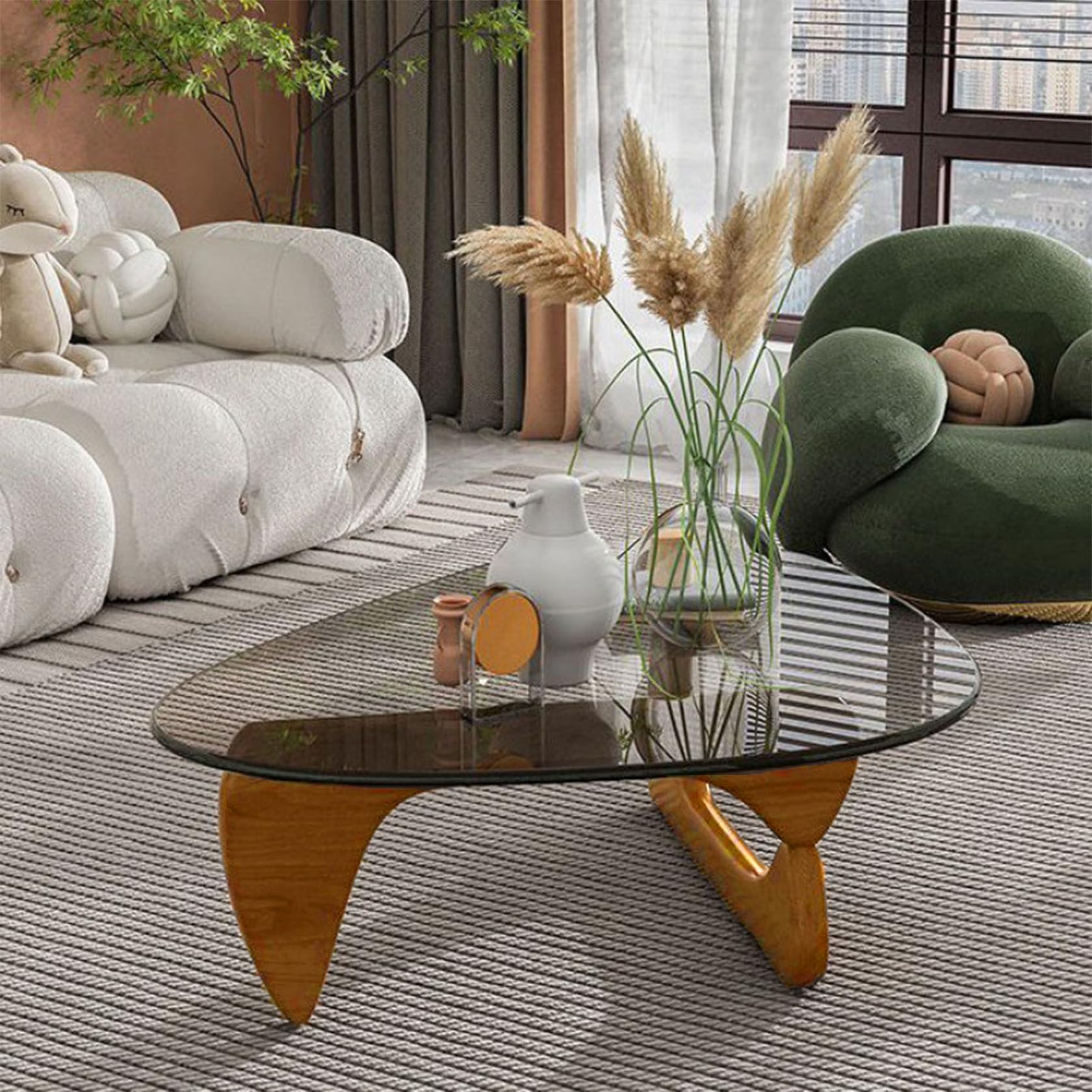 Modern Triangle Glass Coffee Table with Wooden Base - Mid-Century Abstract End Table for Living Room, Study, Office, Hotel & Balcony - Walnut & Transparent Design (32.2