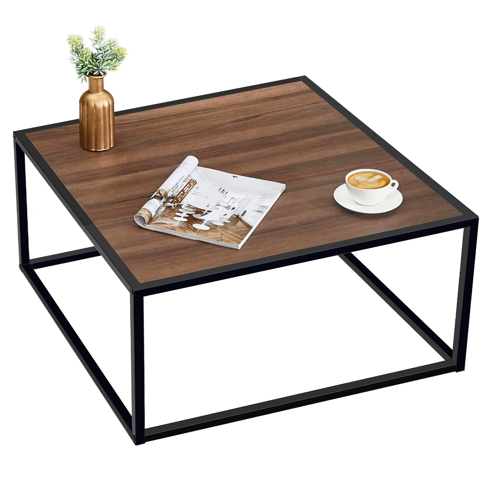 Rustic Walnut Farmhouse Coffee Table - Mid Century Modern Square Low Coffee Table for Small Spaces, Living Room & Home Office - Boho Style Center Table for Cozy Home Decor