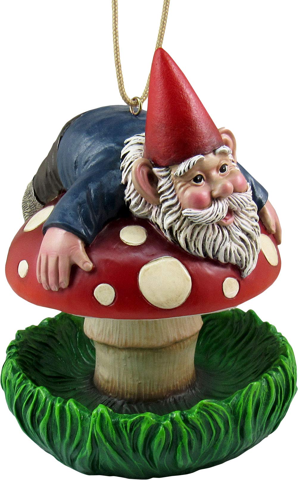 DWK Whimsical Gnome on Mushroom Hanging Bird Feeder - 6.75 Inch Fairy Garden Decor for Home, Patio & Outdoor Spaces - Perfect for Backyard, Garden & Fantasy Themed Decorations