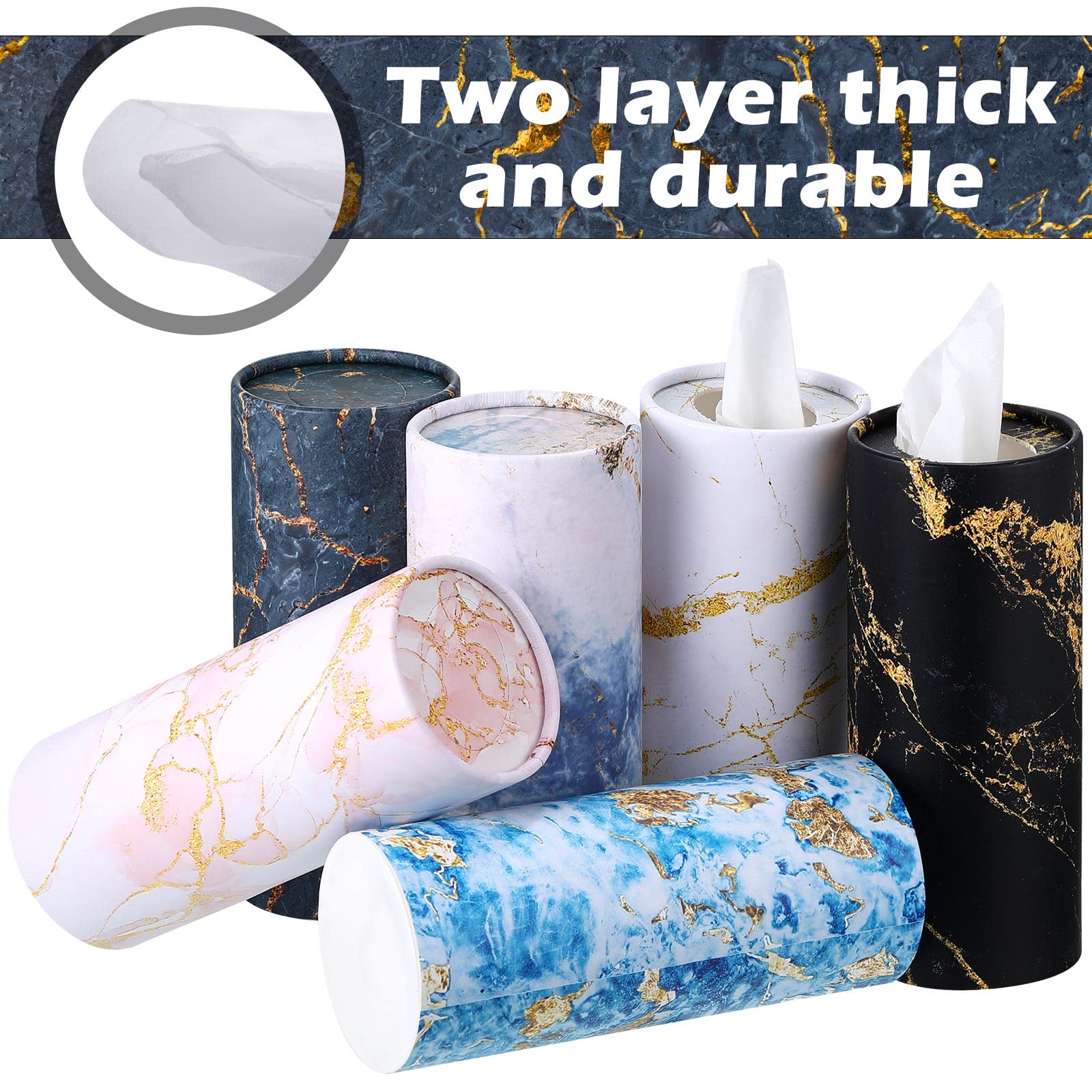 12-Piece Round Car Tissue Boxes - Disposable Printed Car Napkins for Cup Holders | Marble Style Design | Travel, Office & Home Use