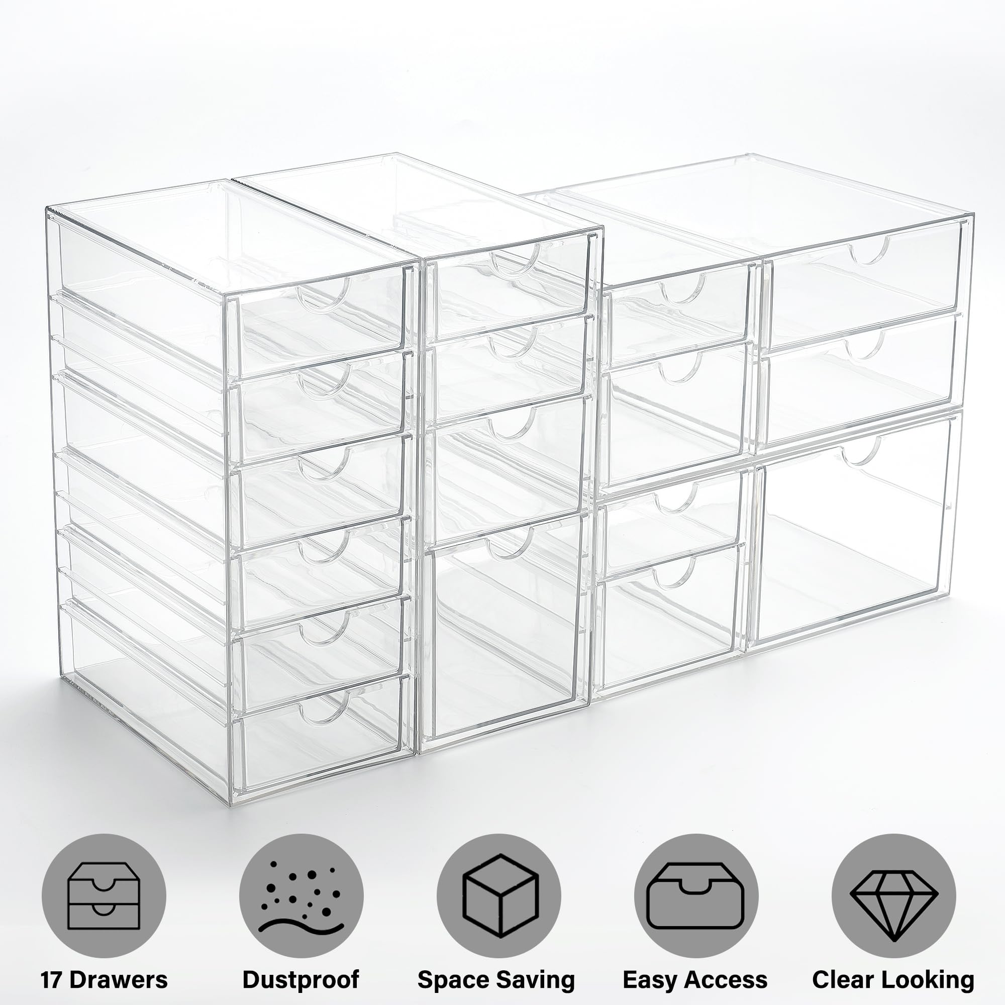 17-Drawer Acrylic Stackable Storage Organizer Set of 4 - Clear Desk Drawers for Makeup, Jewelry, Art Supplies & Office Accessories - Perfect for Vanity Countertop, Craft Room & Home Organization