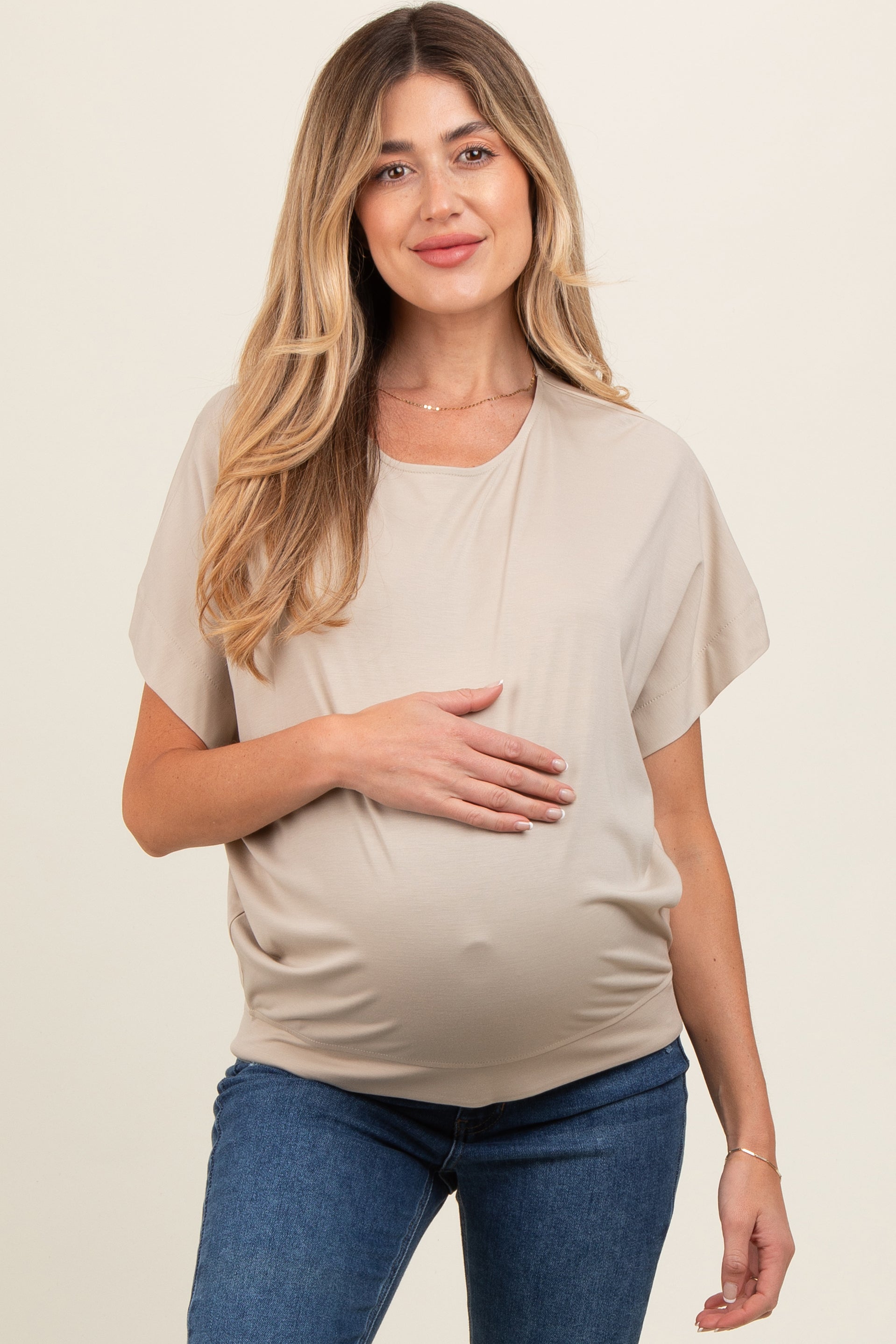 Beige Maternity Top with Dolman Sleeves - Soft Round Neck Pregnancy Shirt for Comfortable Everyday Wear | Perfect for Work, Casual Outings & Maternity Photos