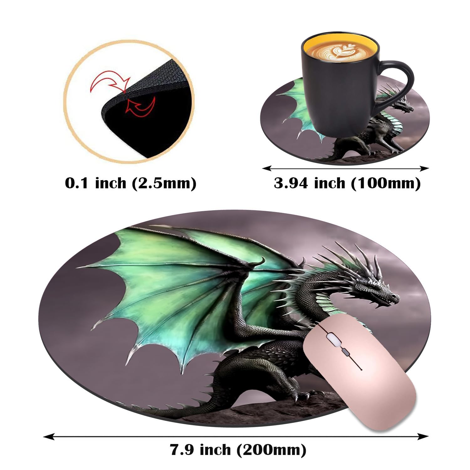 LACOMA Dragon Design Round Mouse Pad and Coasters Set - Non-Slip Rubber Base for Laptop & Computer - Cute Desk Accessories for Gaming, Office & Home Decor