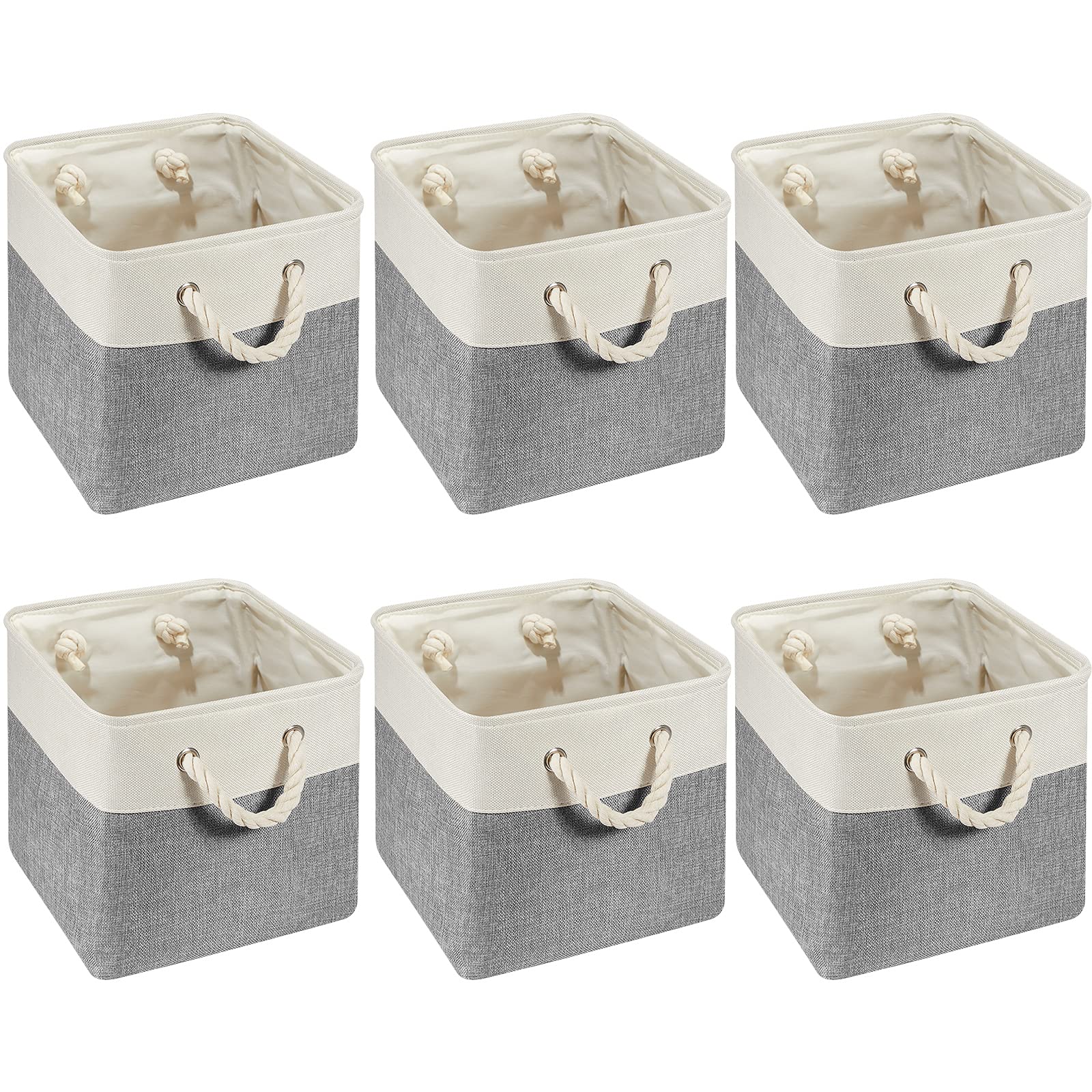 Geiserailie 6-Pack 11x11 Inch Foldable Fabric Storage Bins with Handles - Gray & White Cube Organizer for Closet, Nursery, Office & Home Organization