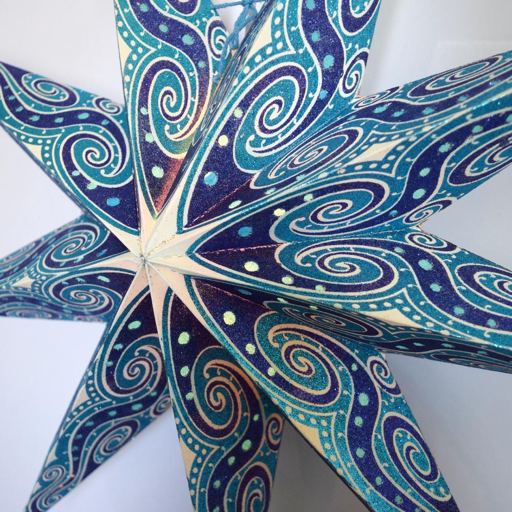 24 Pack Turquoise Blue Mouri Glitter 9-Point Paper Star Lanterns - Hanging Party Decorations for Christmas, Wedding, Baby Shower & Home Decoration